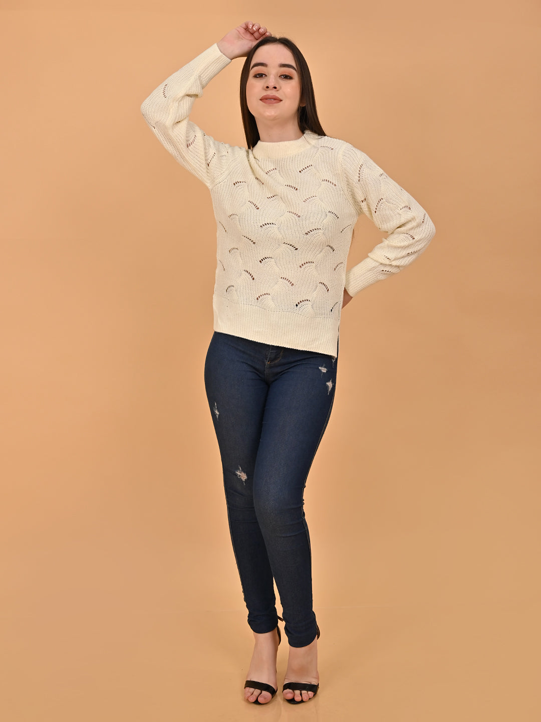 Women Orange Hollow Out Knit Sweater