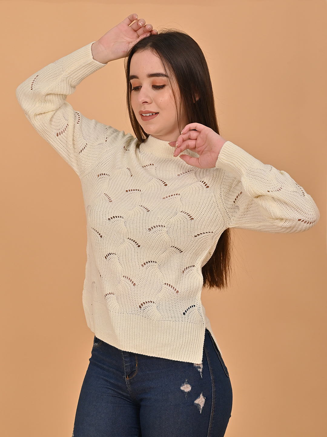 Women Orange Hollow Out Knit Sweater