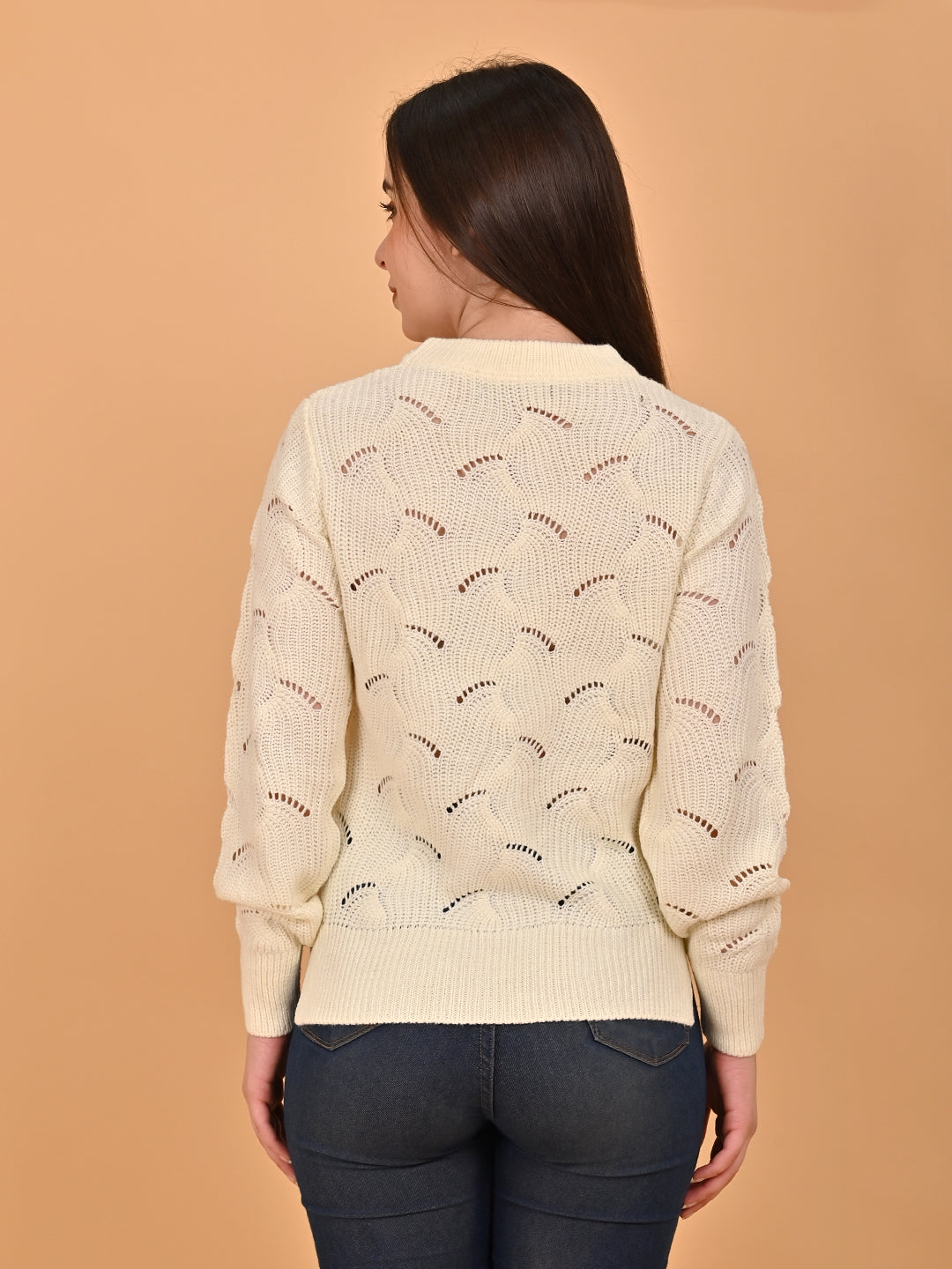Women Orange Hollow Out Knit Sweater