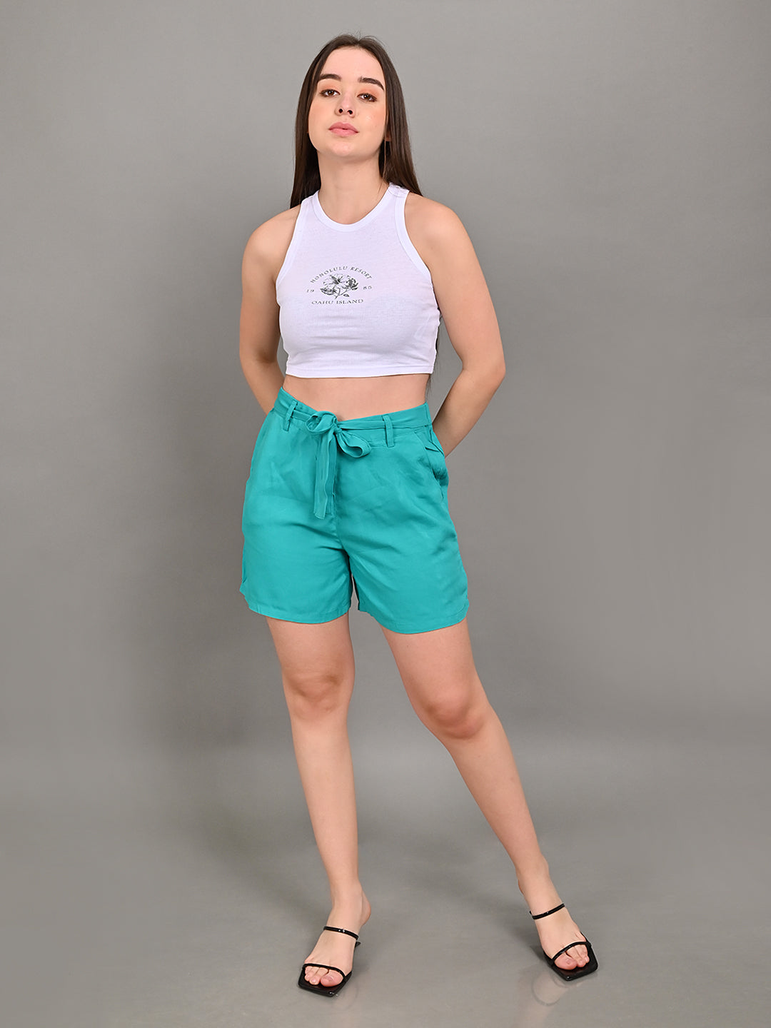 Women Turquoise Elastic Waist Shorts