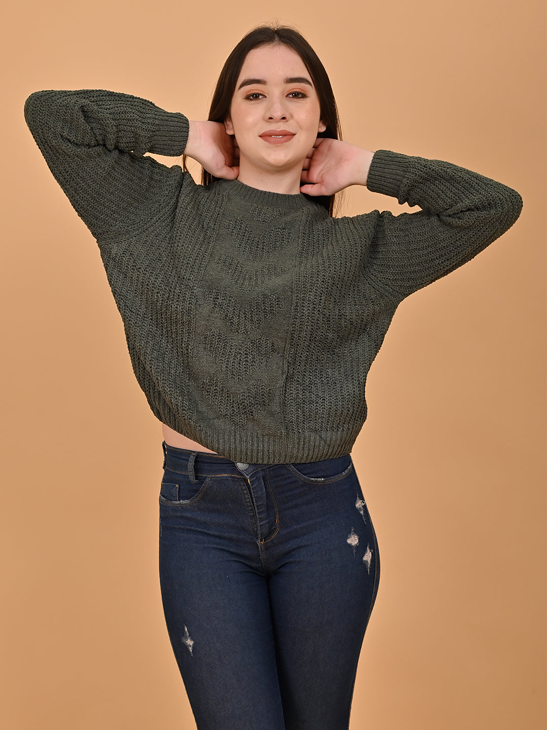 Women Olive Round Neck Sweater