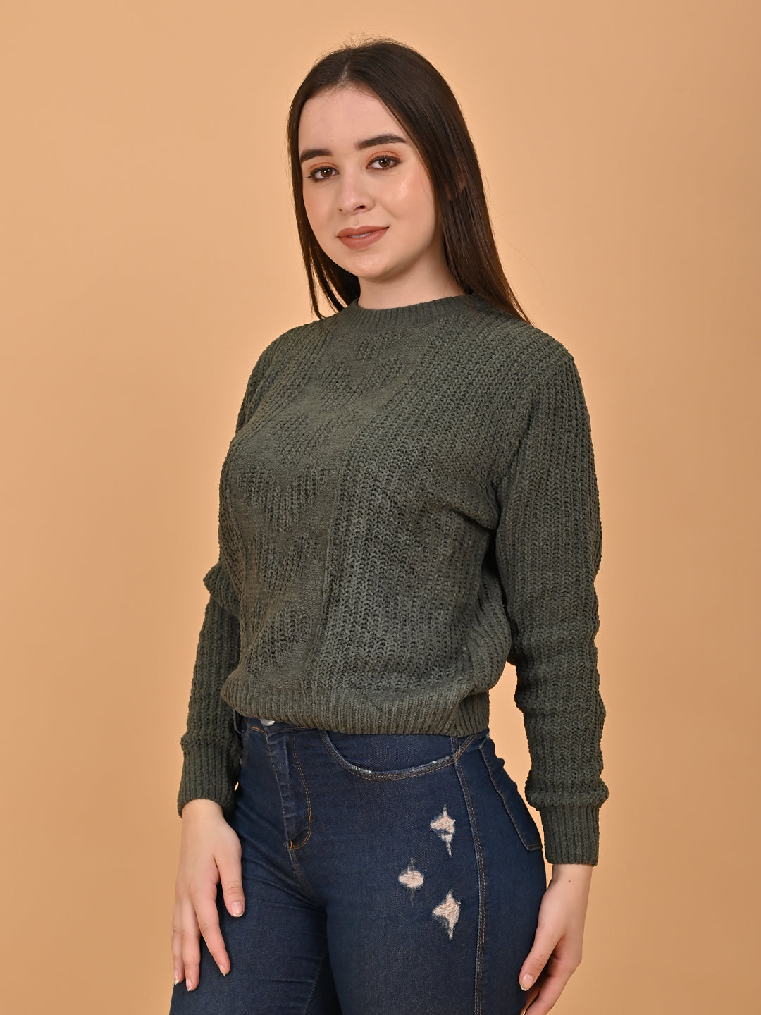 Women Olive Round Neck Sweater