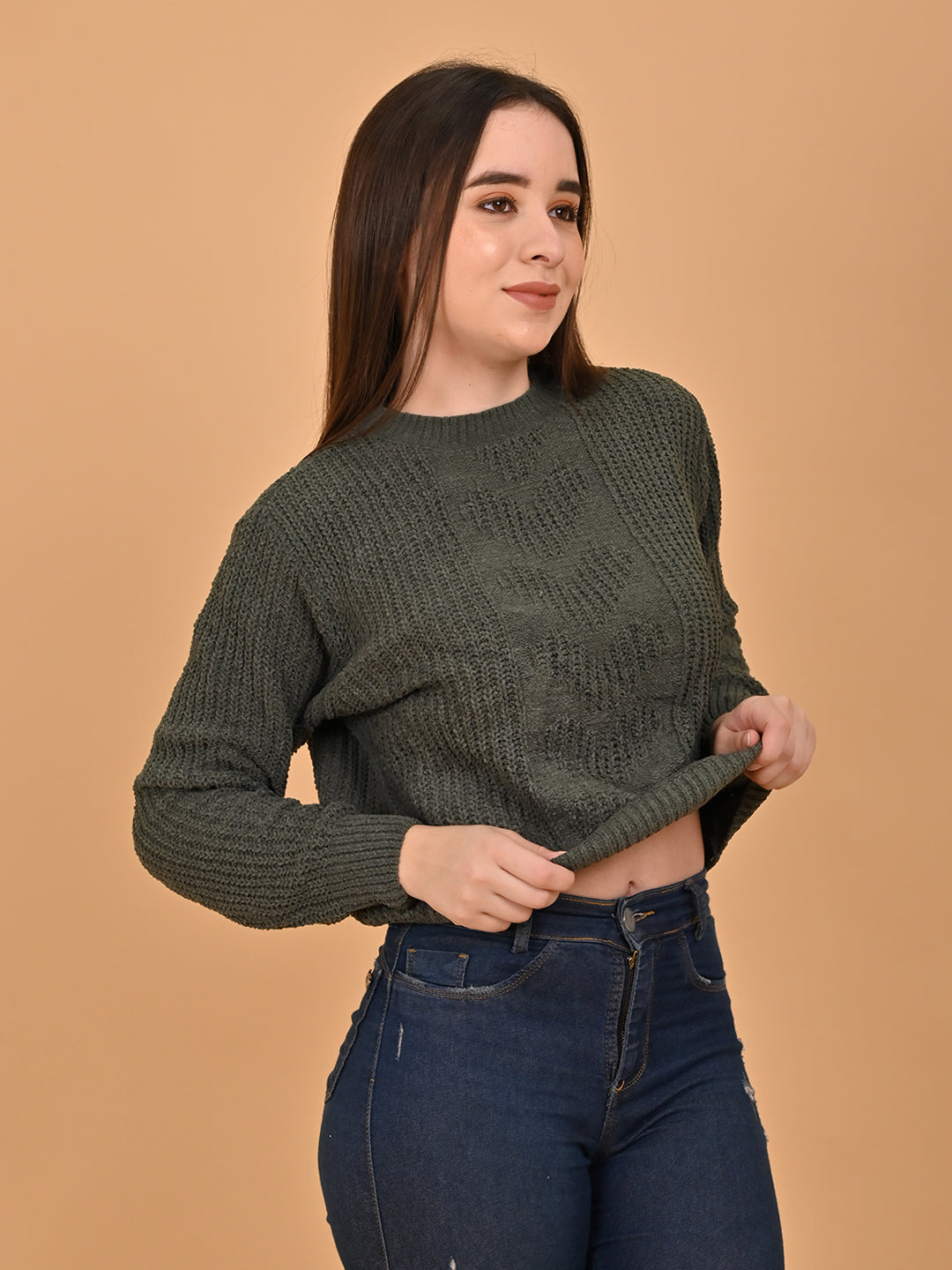 Women Olive Round Neck Sweater