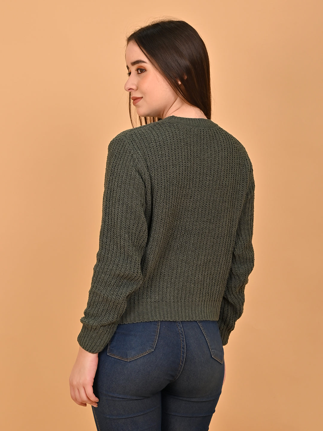 Women Olive Round Neck Sweater