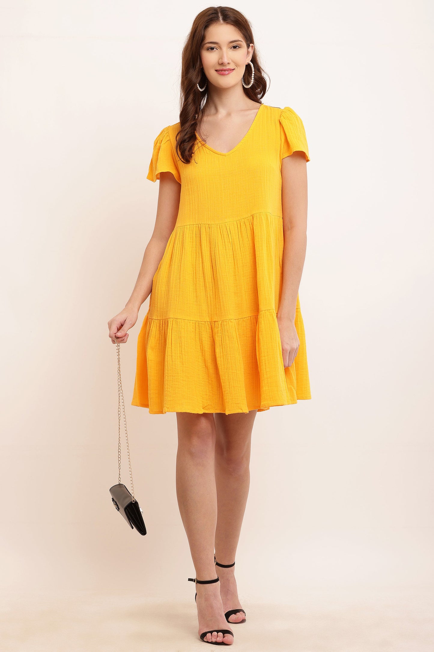 Women Yellow Puff Sleeve Dress