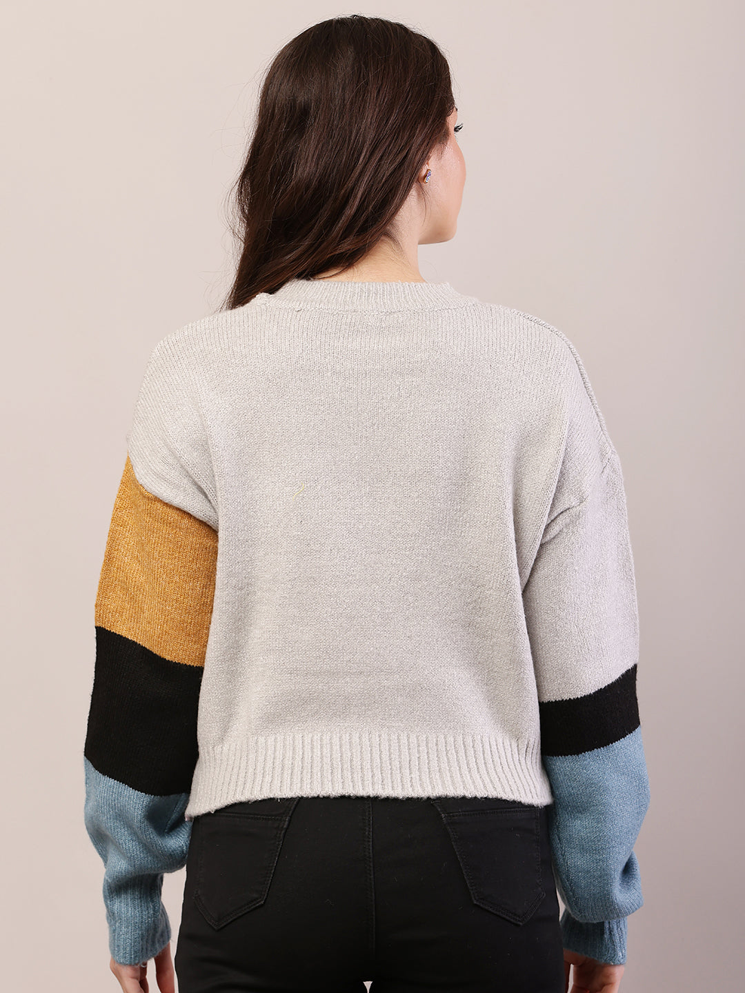 Women multicolor acrylic round neck sweater.