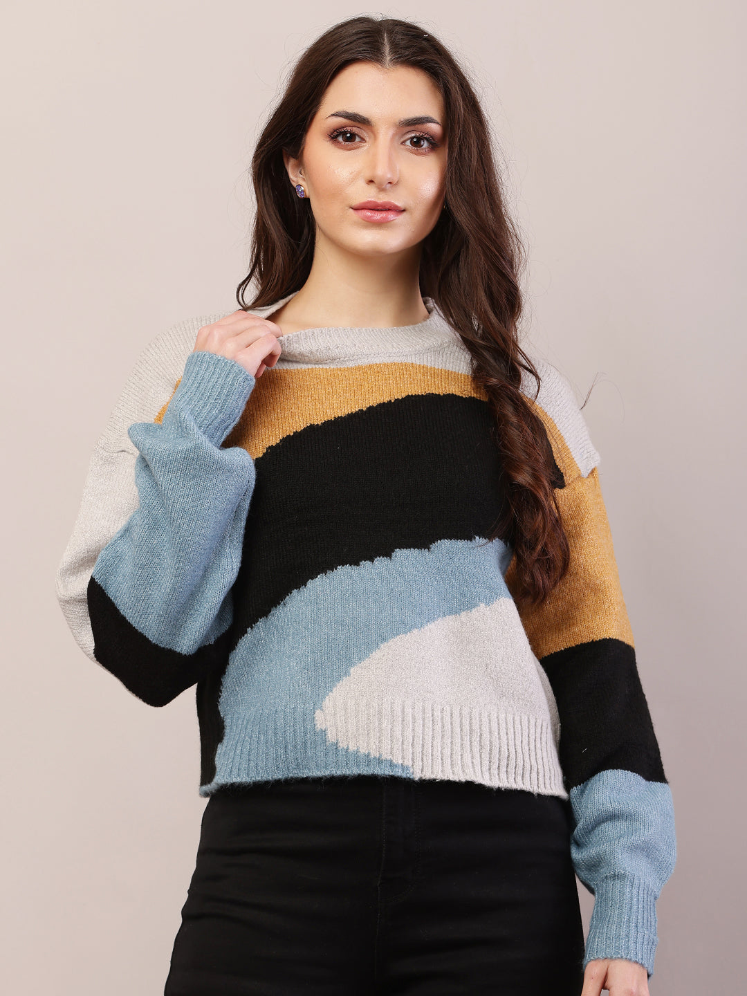 Women multicolor acrylic round neck sweater.