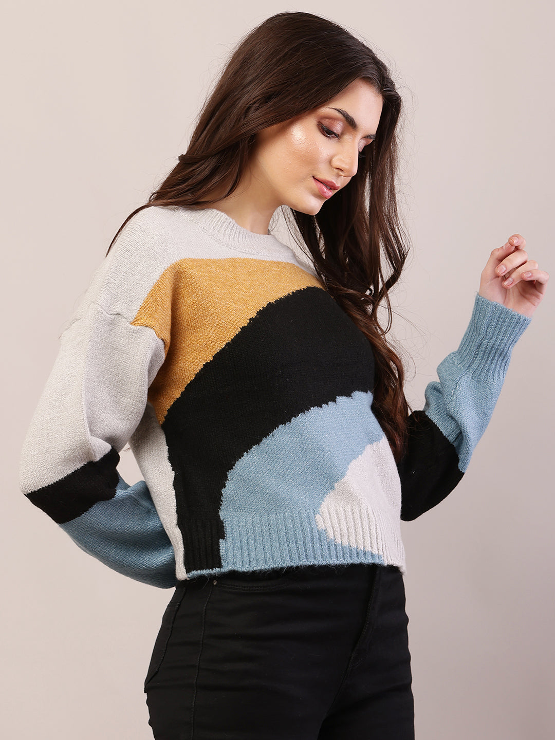 Women multicolor acrylic round neck sweater.