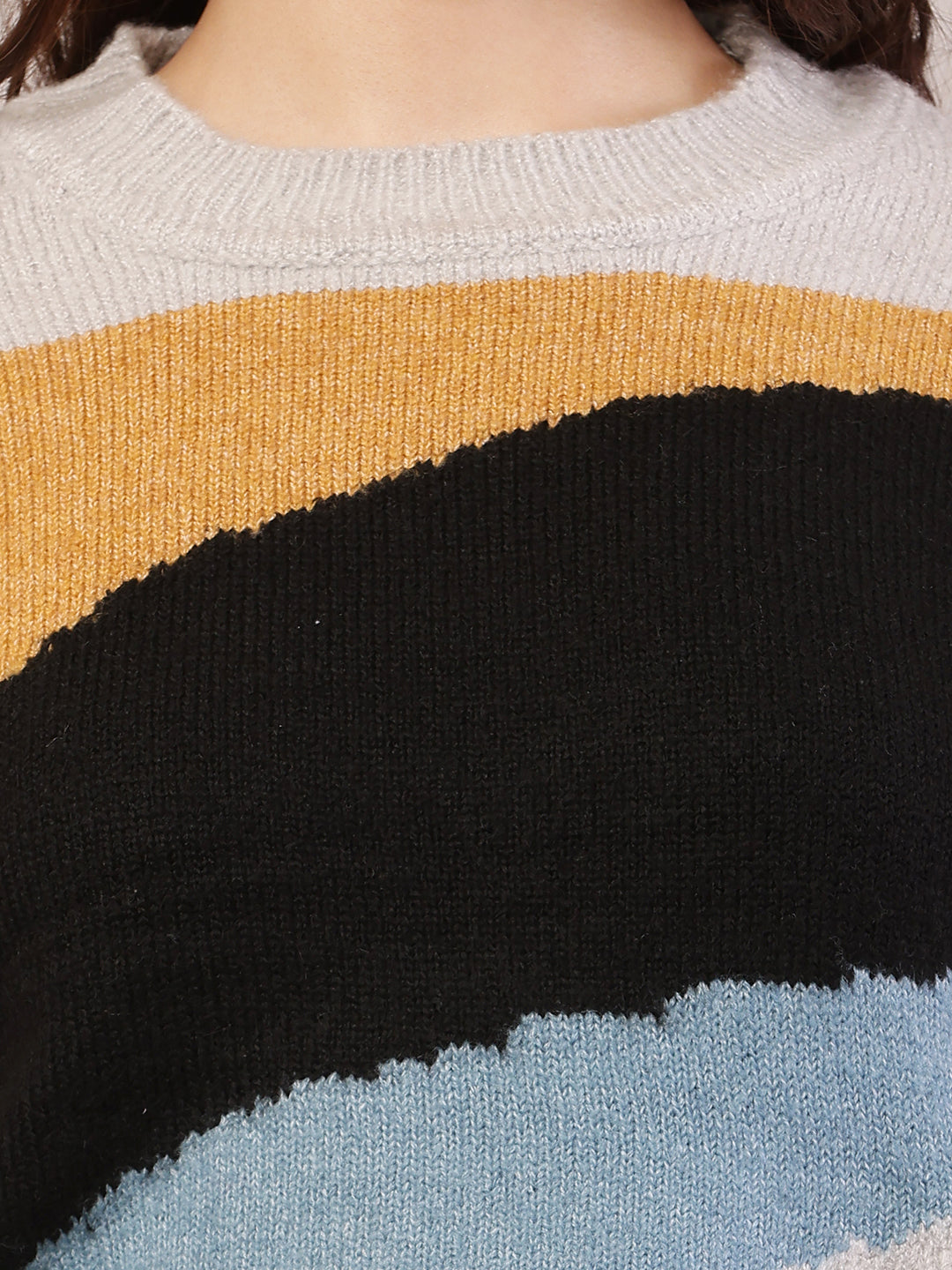 Women multicolor acrylic round neck sweater.
