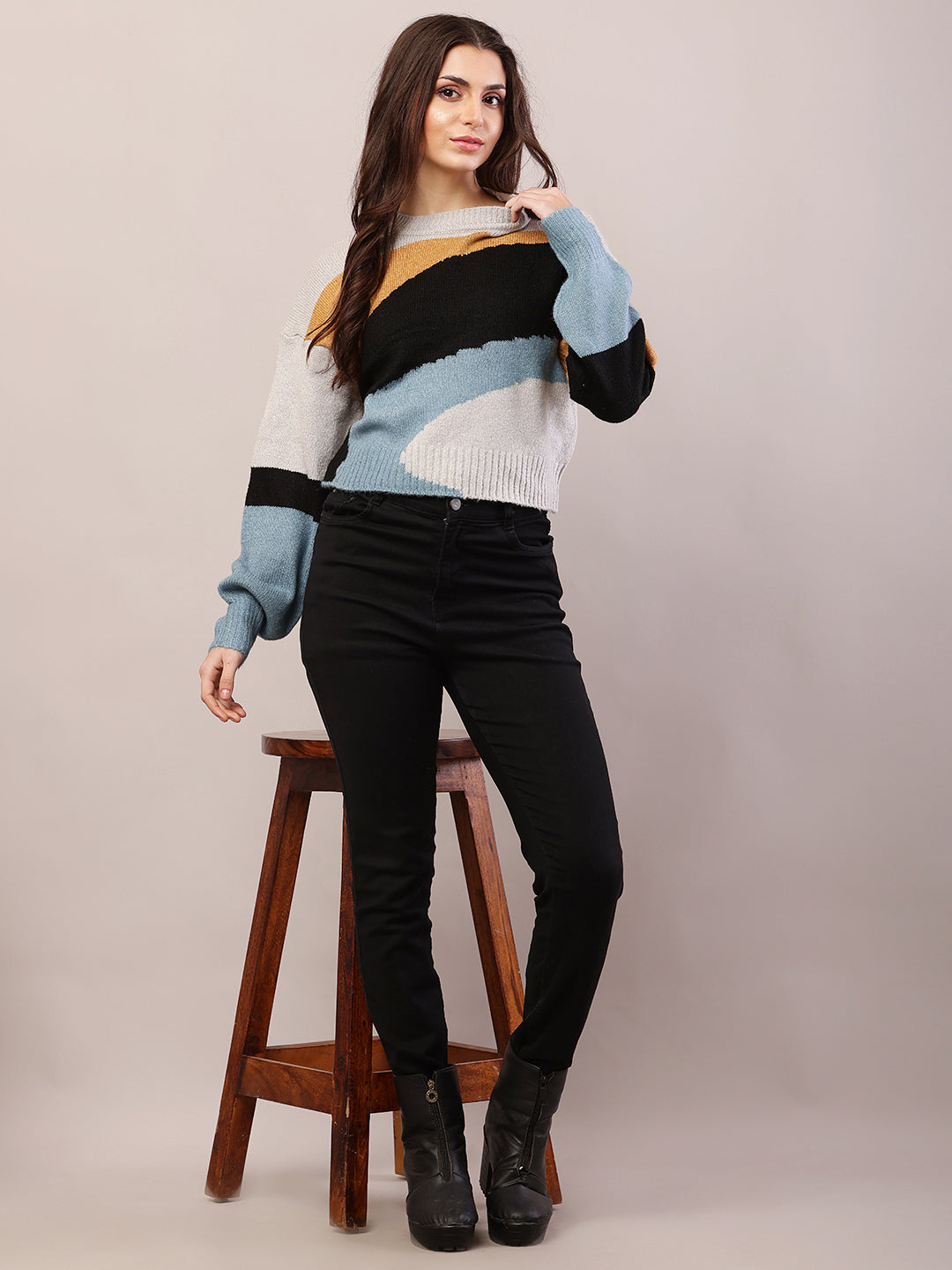 Women multicolor acrylic round neck sweater.