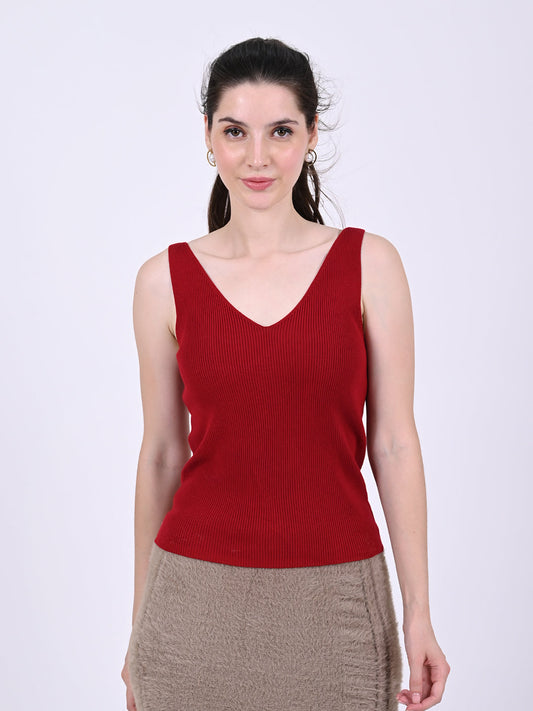 Women Red V-Neck Ribbed Top