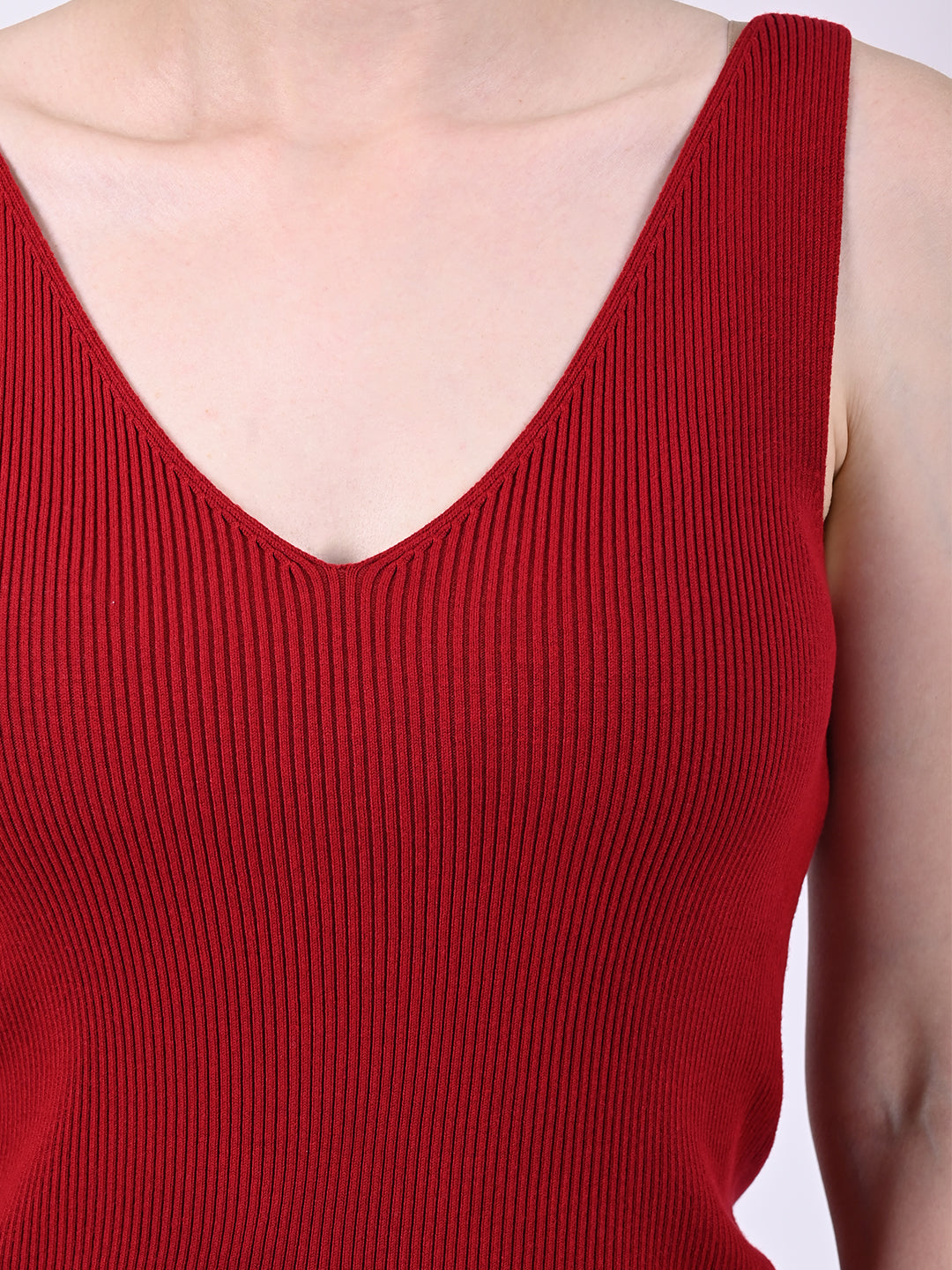 Women Red V-Neck Ribbed Top