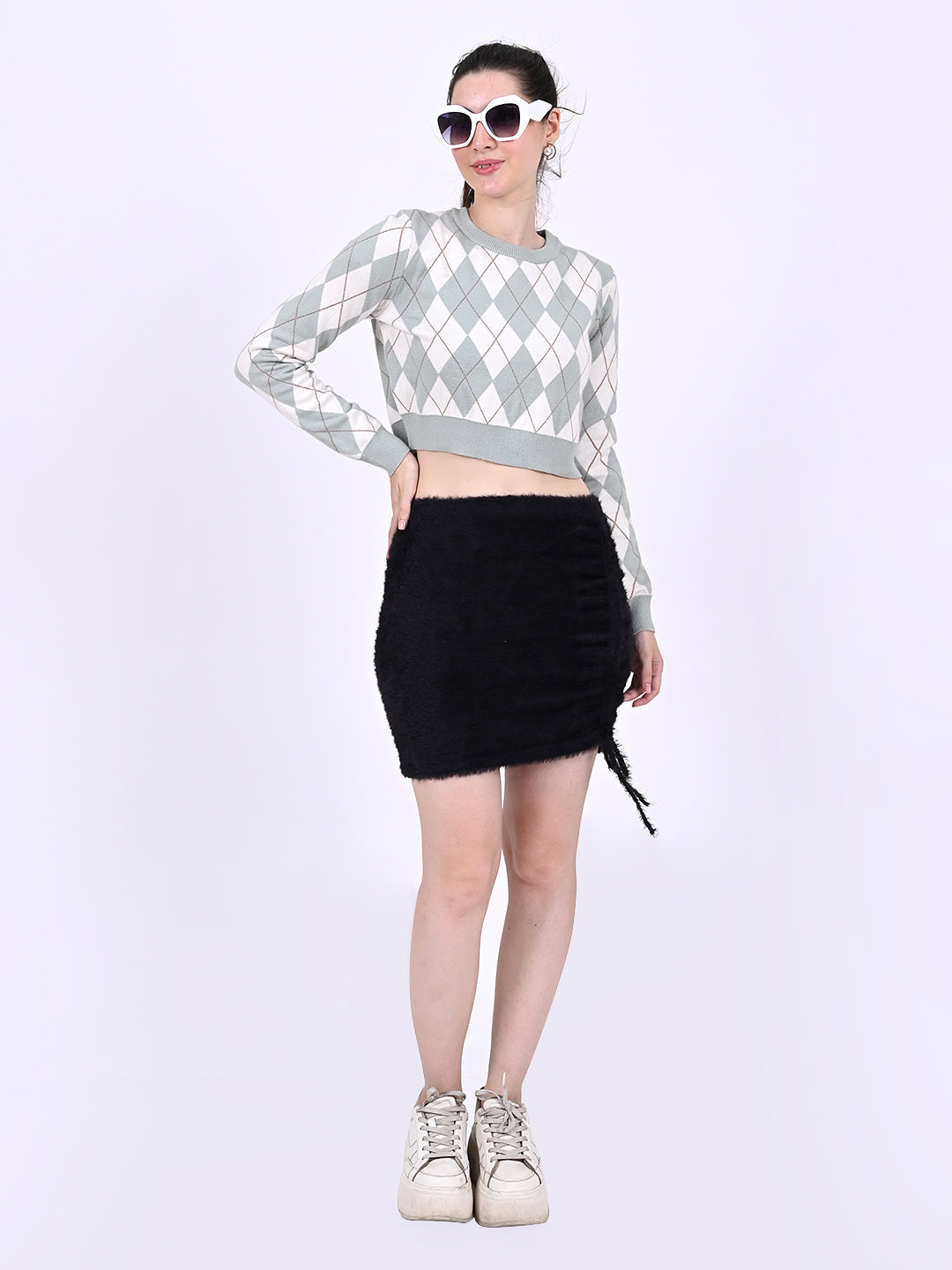 Women Lt Green Checkered Crop