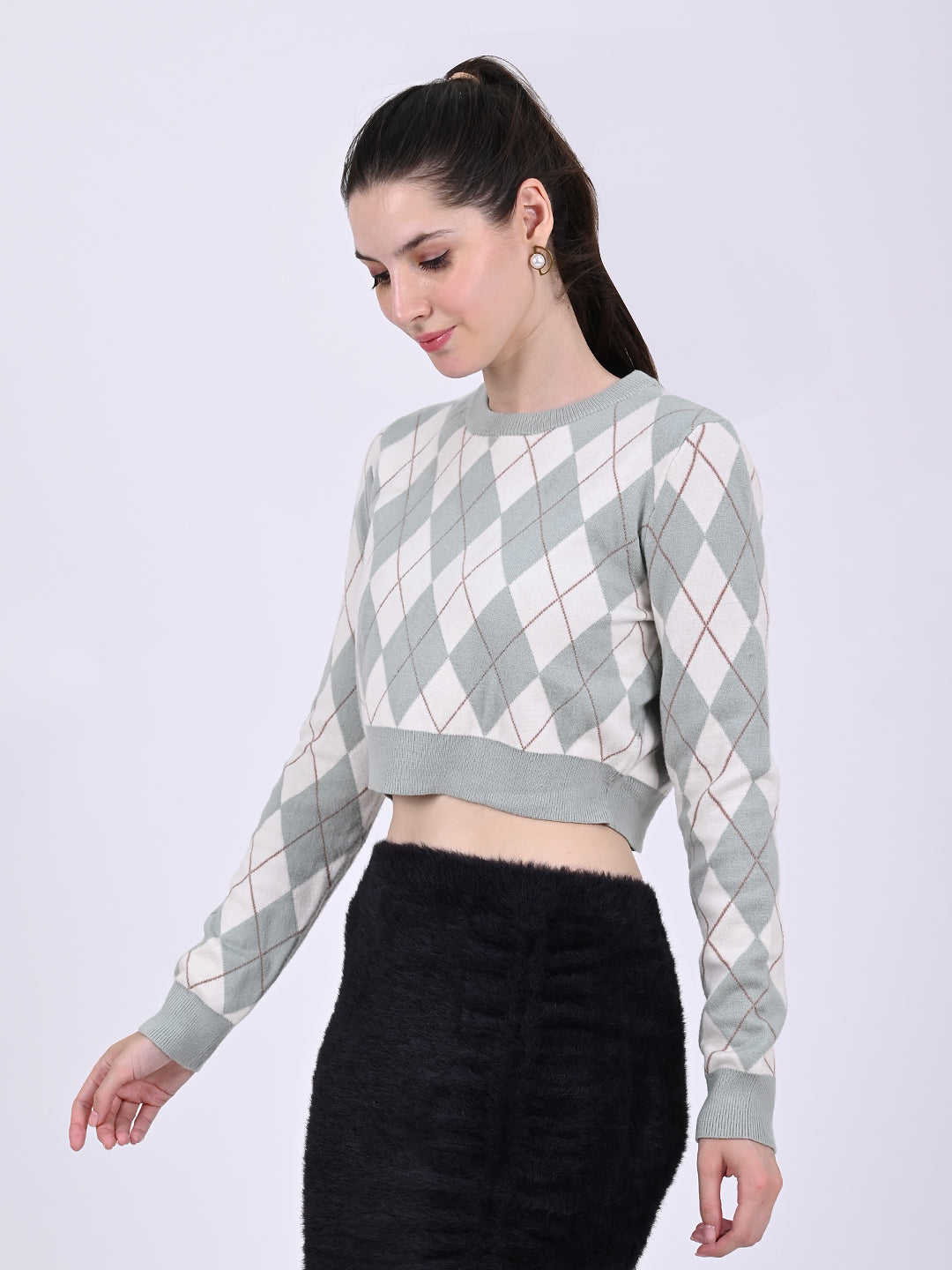 Women Lt Green Checkered Crop