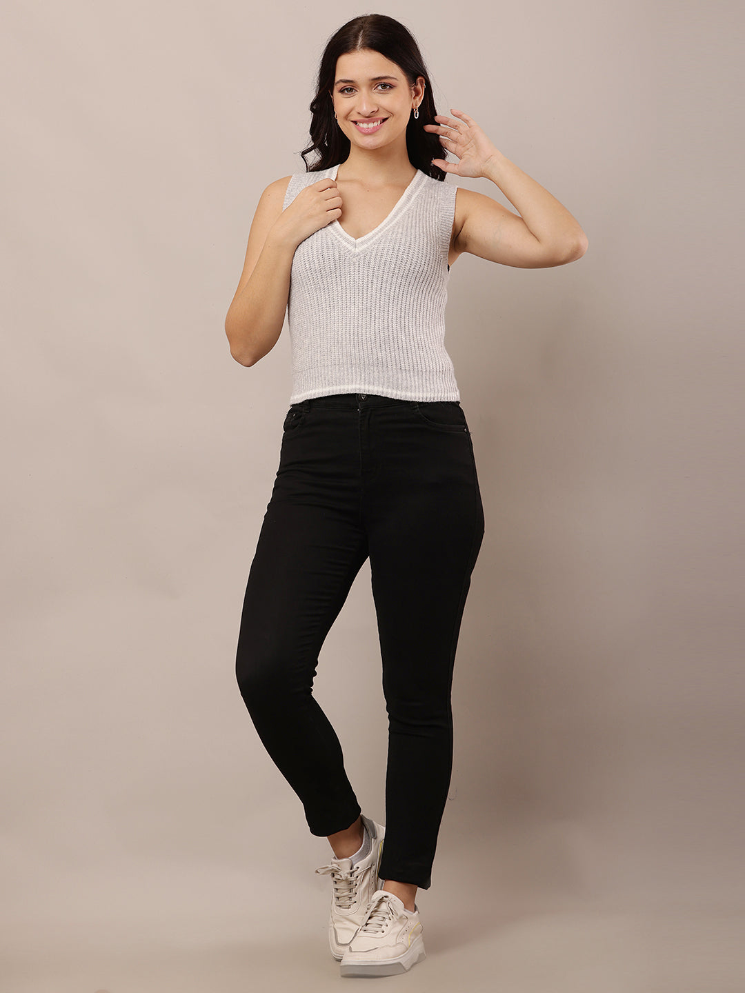 Women Grey Sleeveless V-Neck Acrylic Sweater