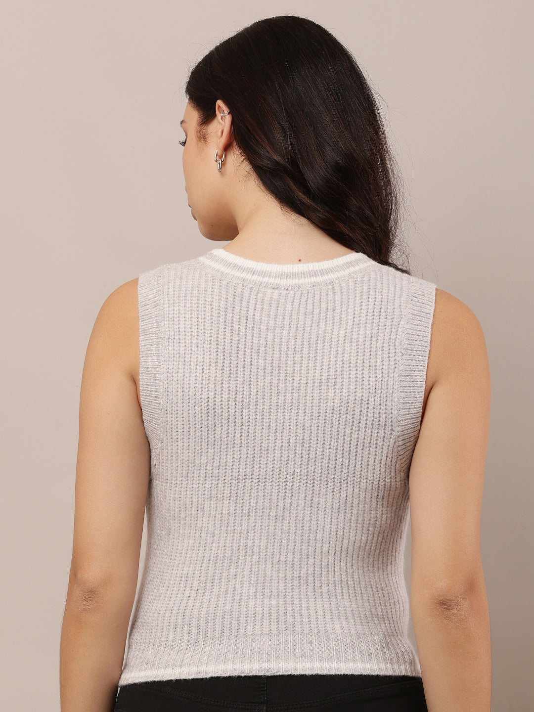 Women Grey Sleeveless V-Neck Acrylic Sweater