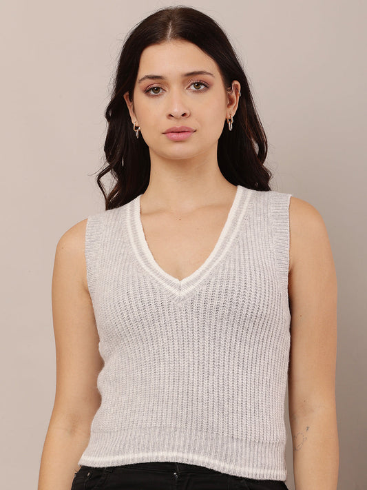 Women Grey Sleeveless V-Neck Acrylic Sweater
