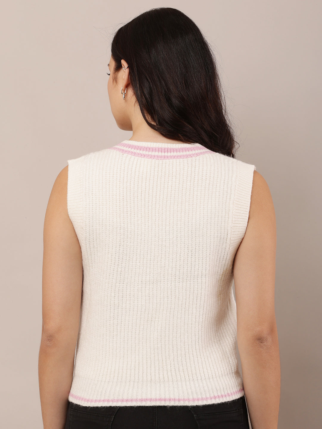 Women White Sleeveless V-Neck Acrylic Sweater