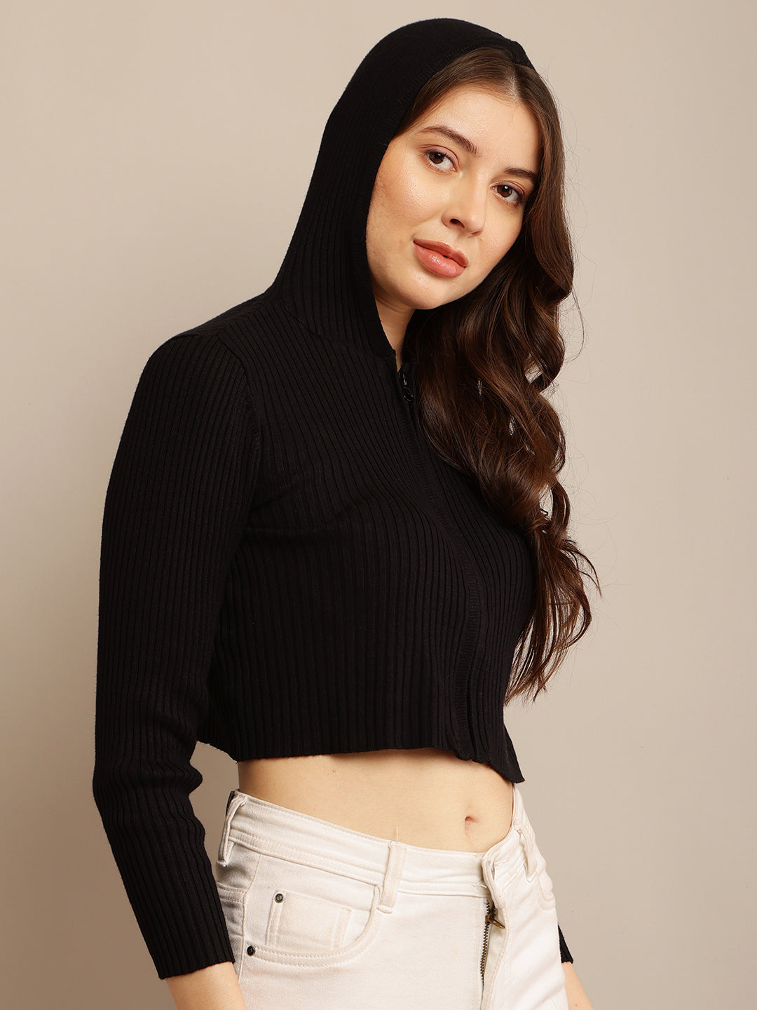Women Ribbed Cropped Hoodie
