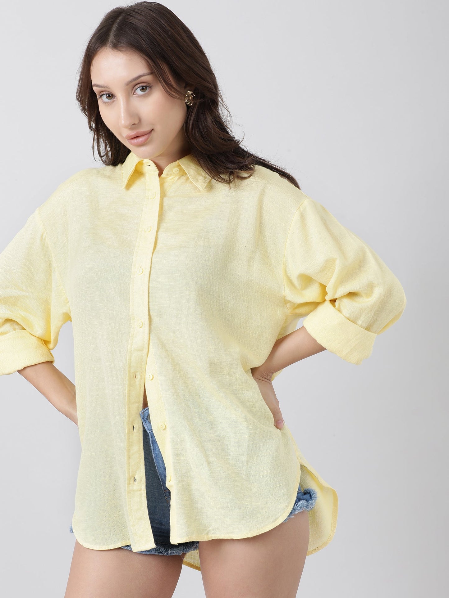 Women Oversize Drop Shoulder Yellow Shirt