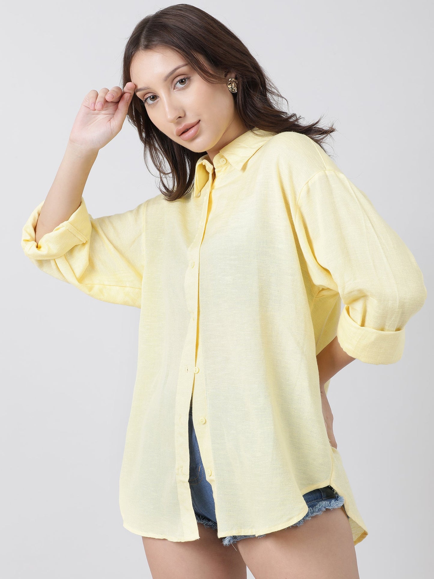 Women Oversize Drop Shoulder Yellow Shirt