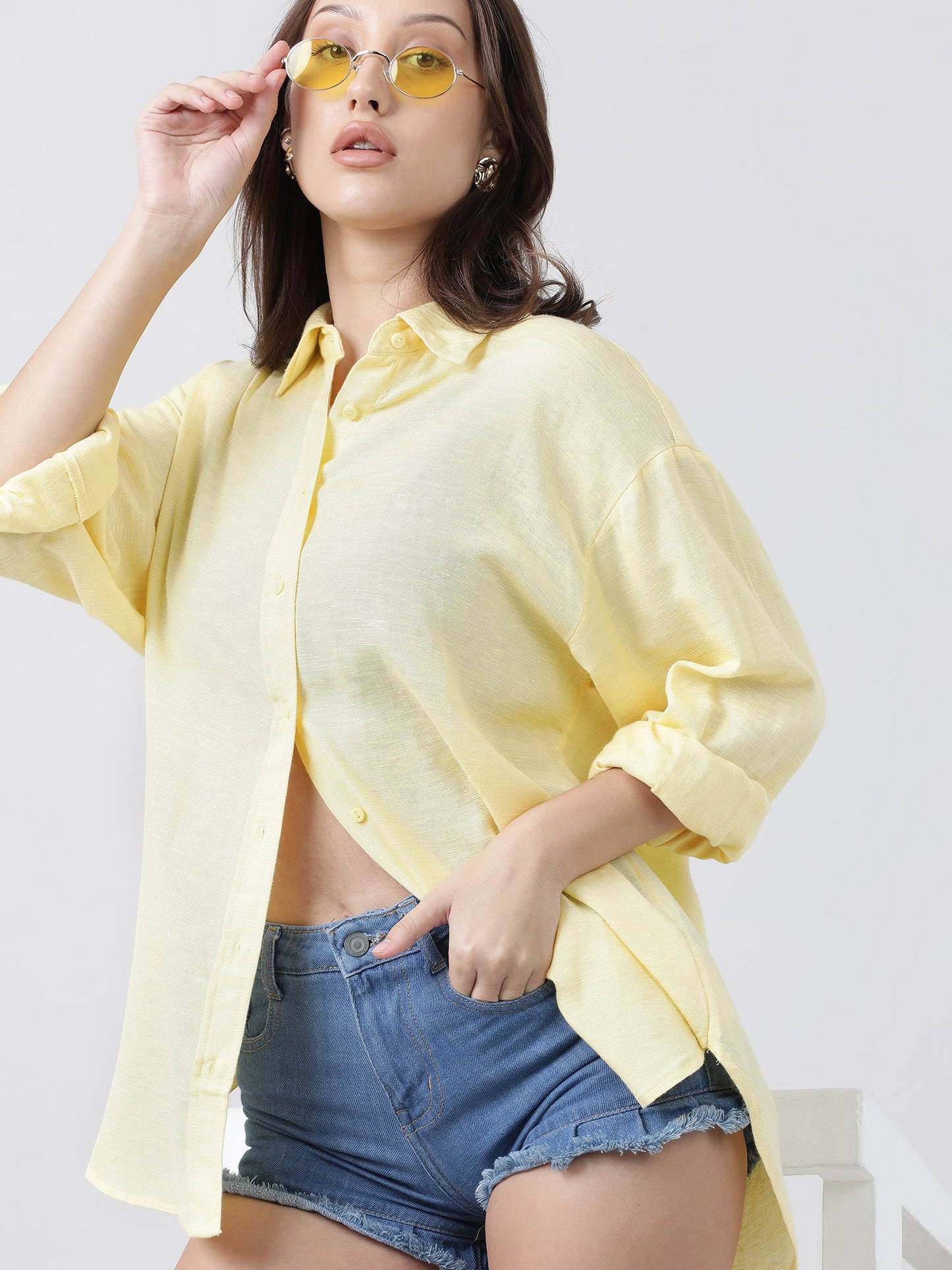 Women Oversize Drop Shoulder Yellow Shirt