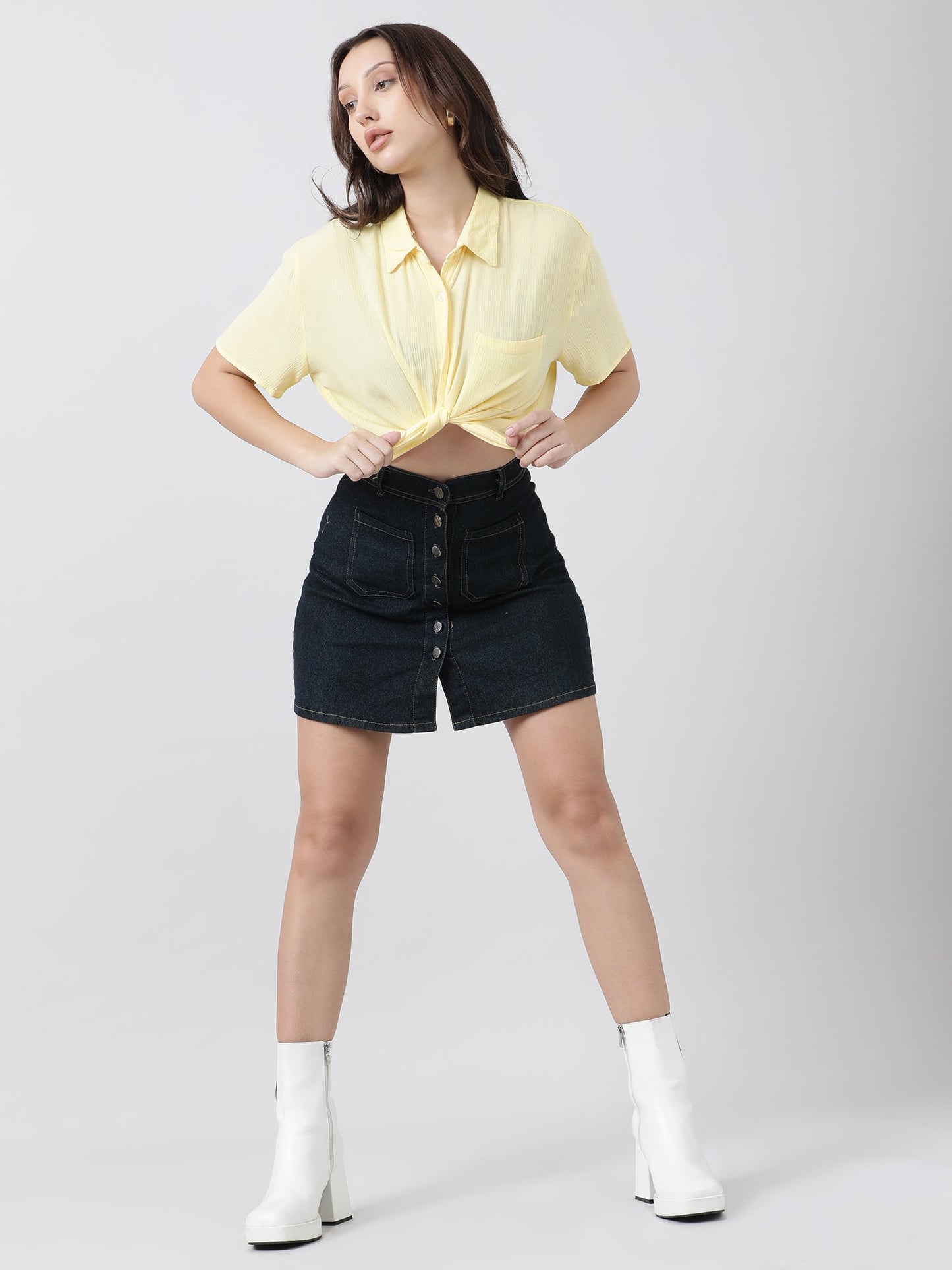 Women Regular Fit High Low Button Down Light Yellow Shirt