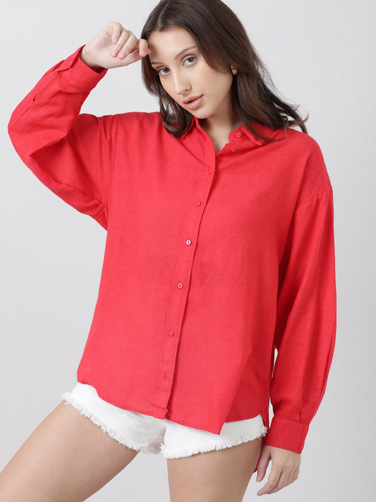 Women Regular Fit Button Down Drop Shoulder Red Shirt