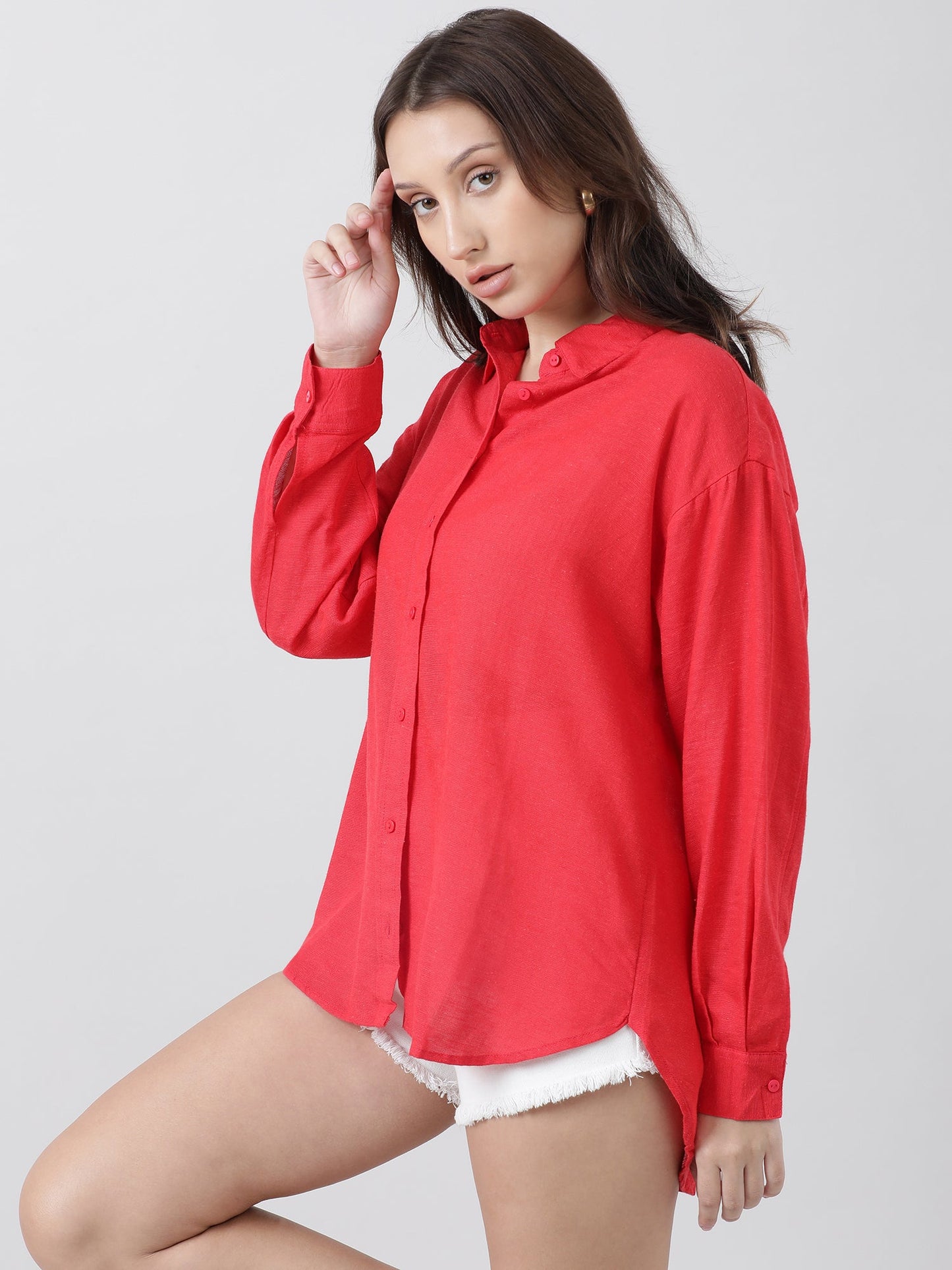 Women Regular Fit Button Down Drop Shoulder Red Shirt