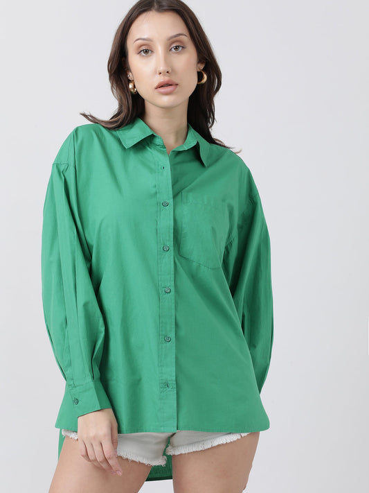Women Regular Fit Button Down Drop Shoulder Green Shirt