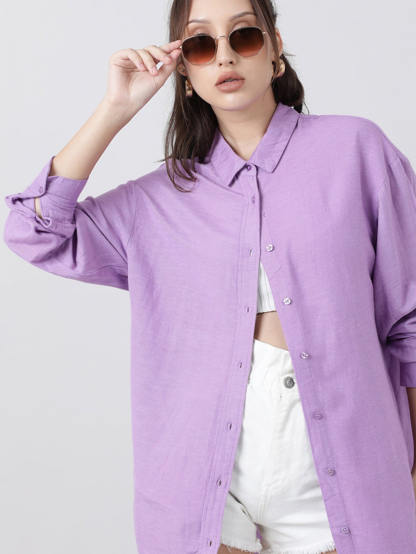 Women Relaxed Fit Violet Drop Shoulder Shirt