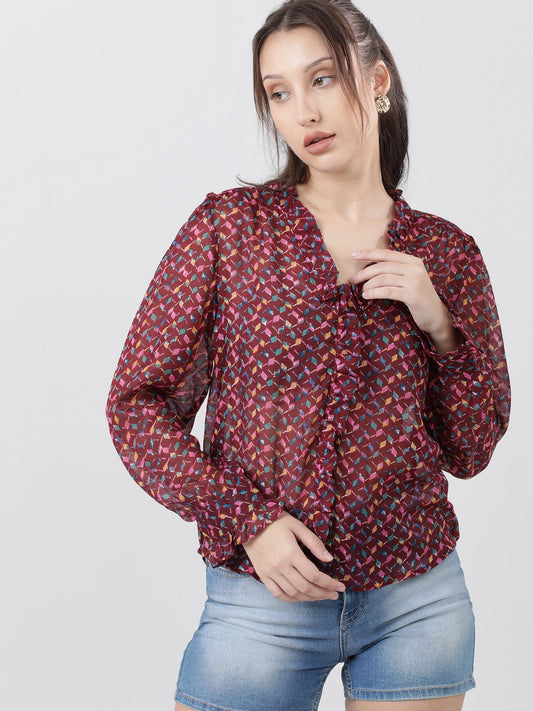 Women Regular Fit Printed Maroon Frilled Top