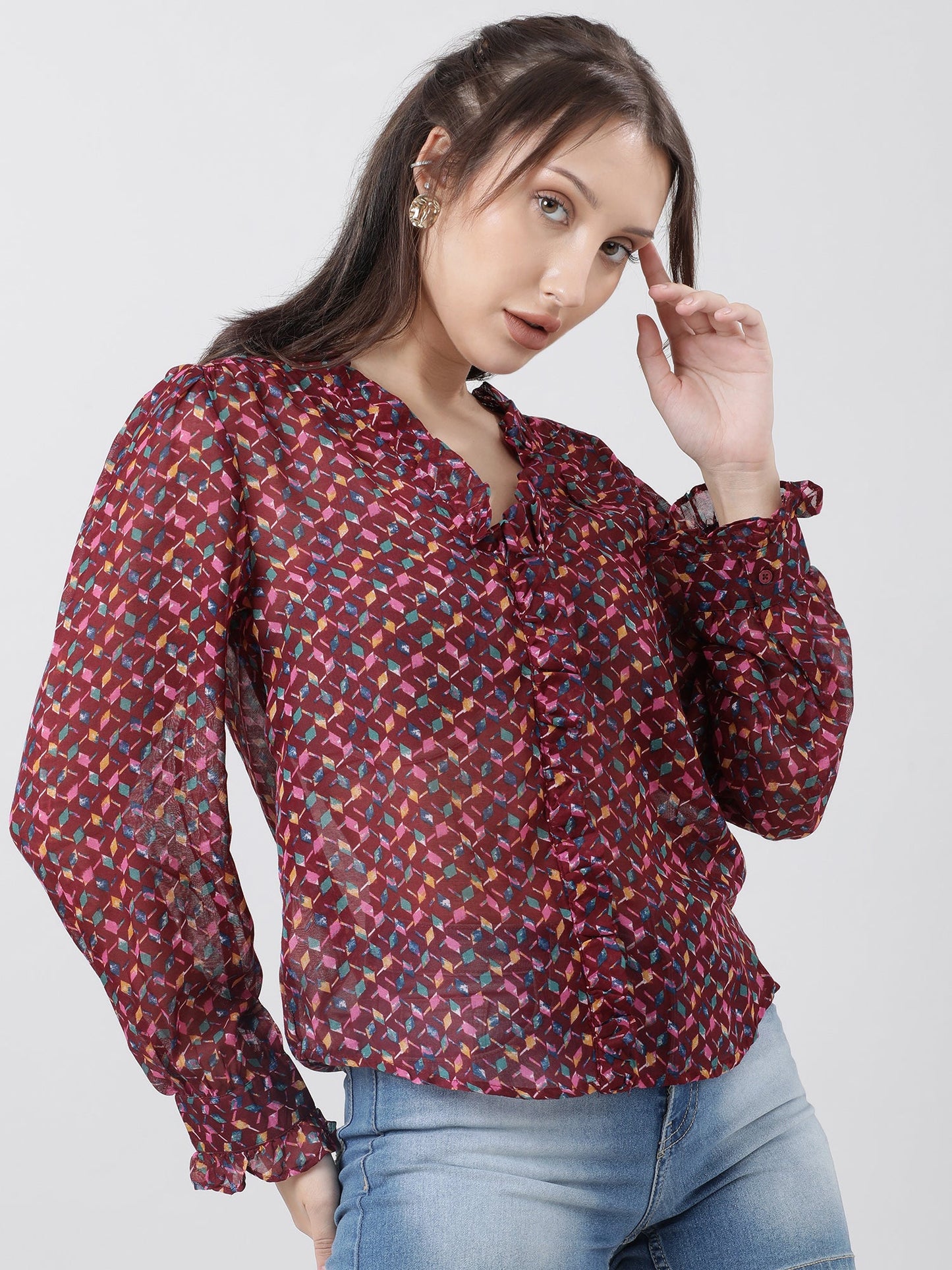 Women Regular Fit Printed Maroon Frilled Top
