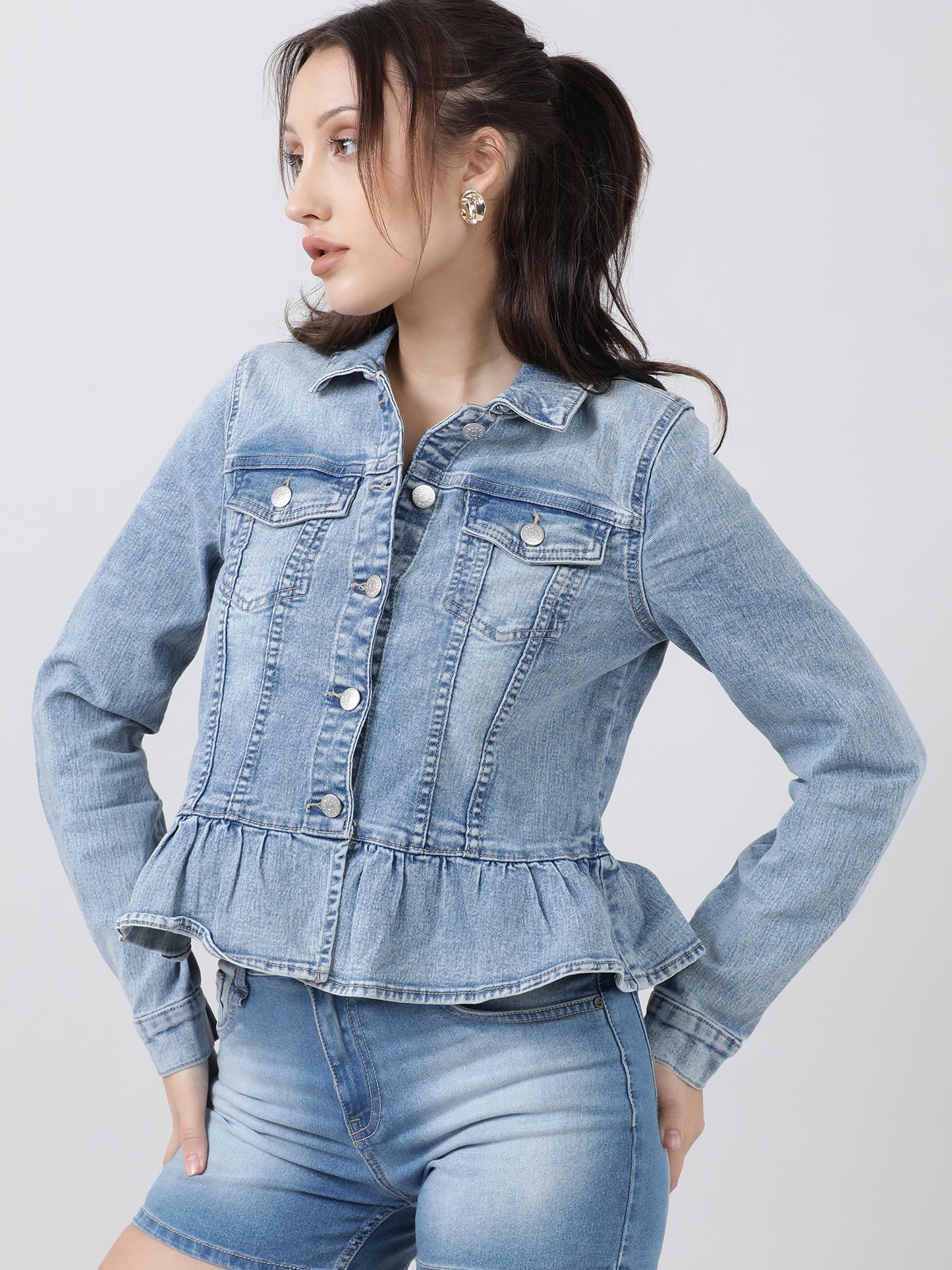 Women Regular Fit Blue Button Down Peplum Denim Jacket