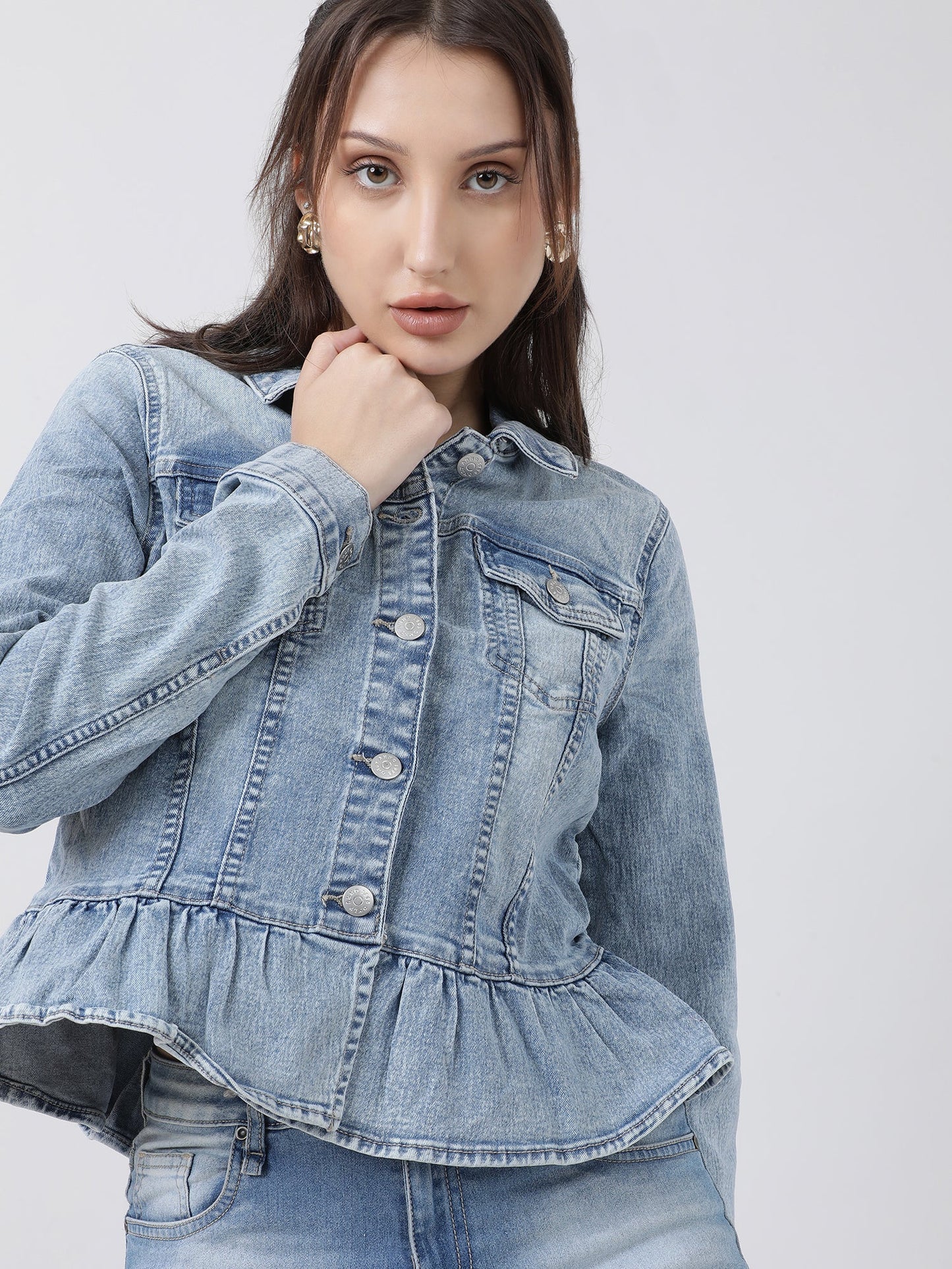 Women Regular Fit Blue Button Down Peplum Denim Jacket