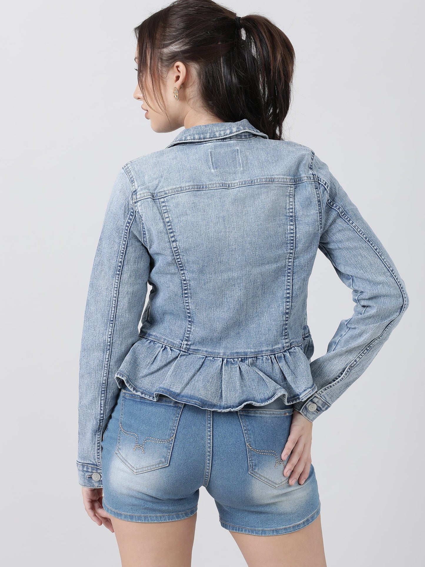 Women Regular Fit Blue Button Down Peplum Denim Jacket