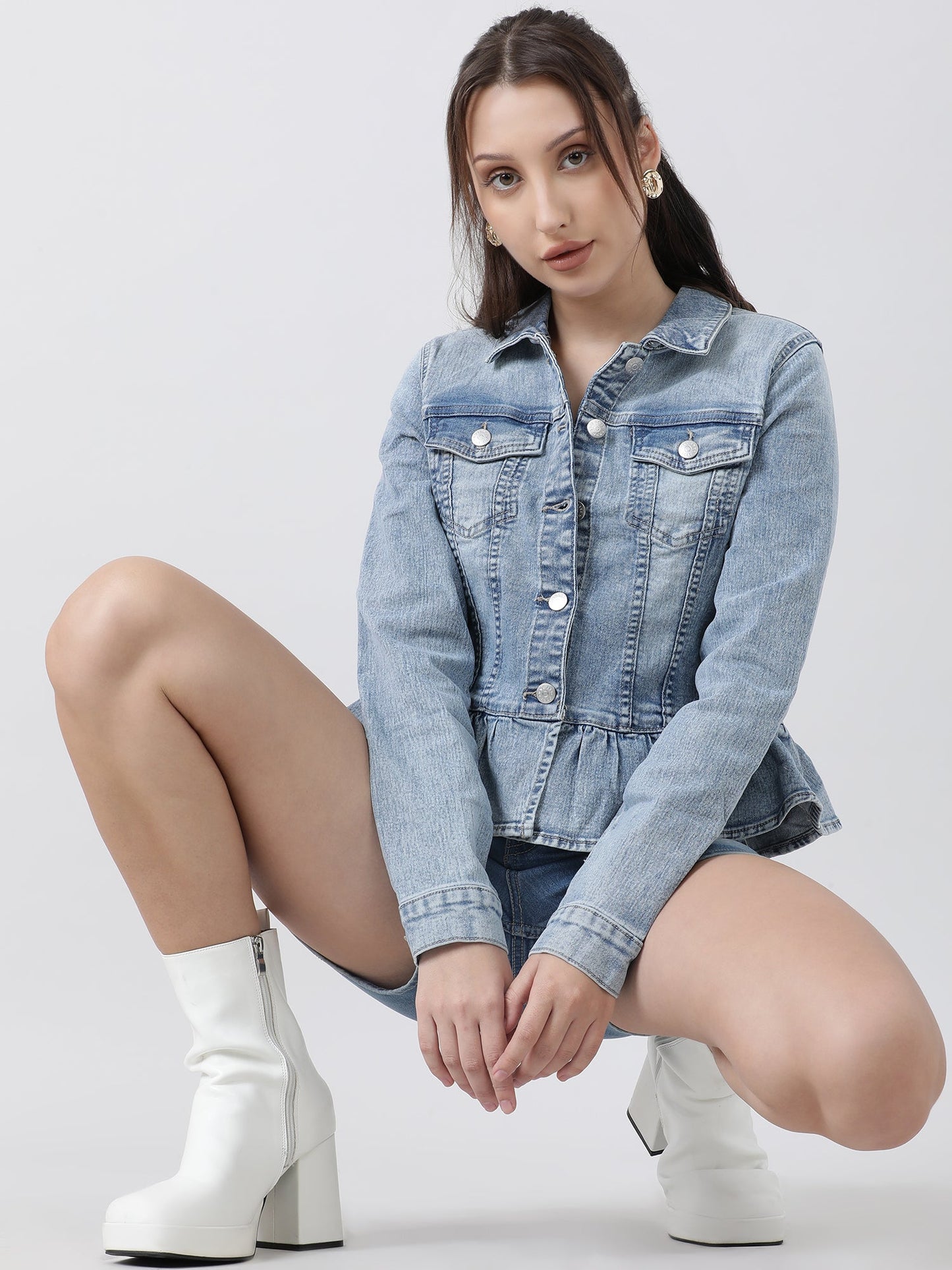 Women Regular Fit Blue Button Down Peplum Denim Jacket
