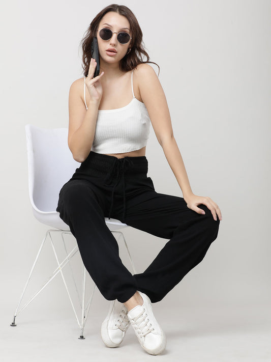 Women Ruched Waist Black Pants