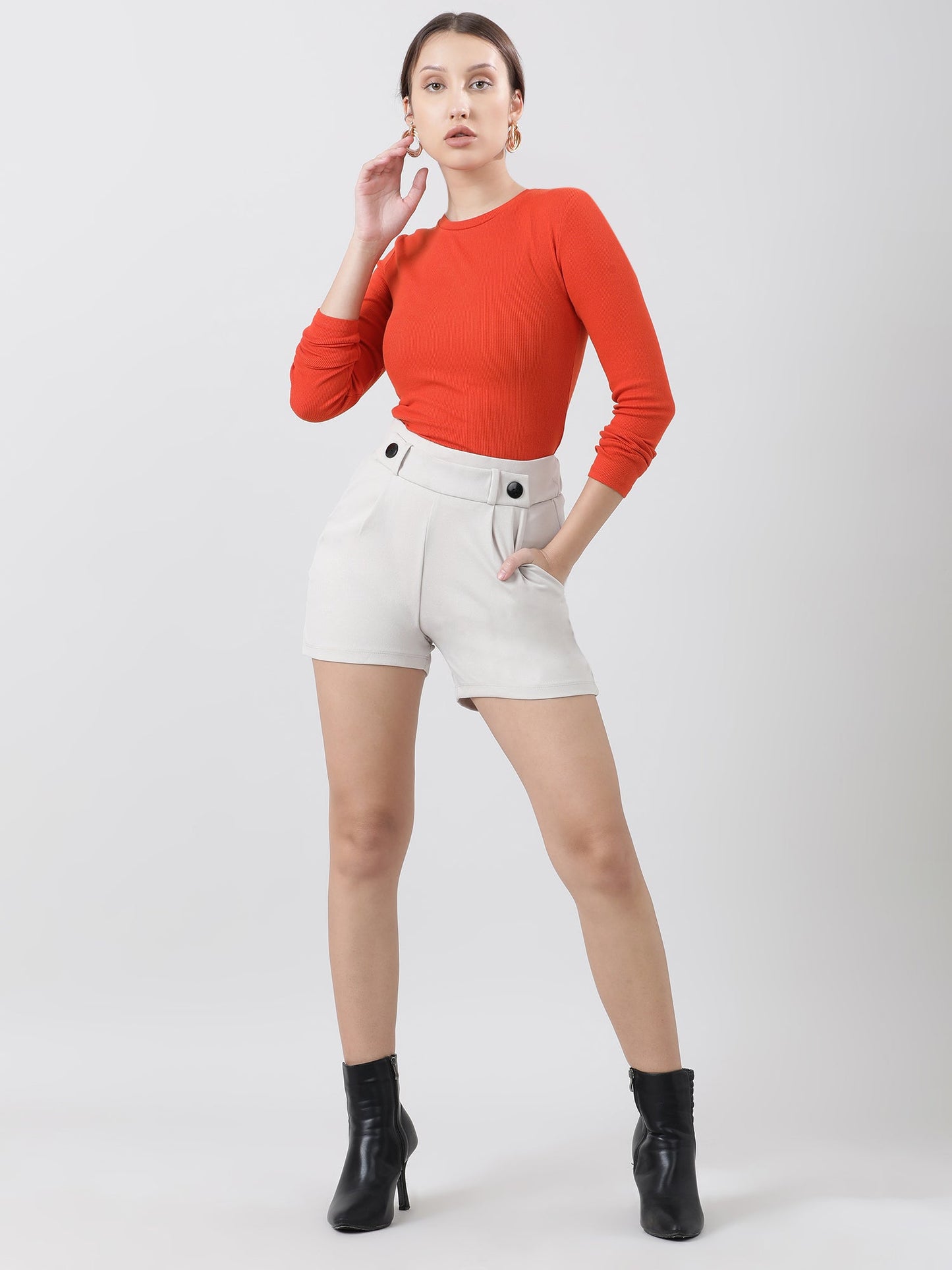 Women Slim Fit Orange Ribbed Bodysuit With Full Sleeves