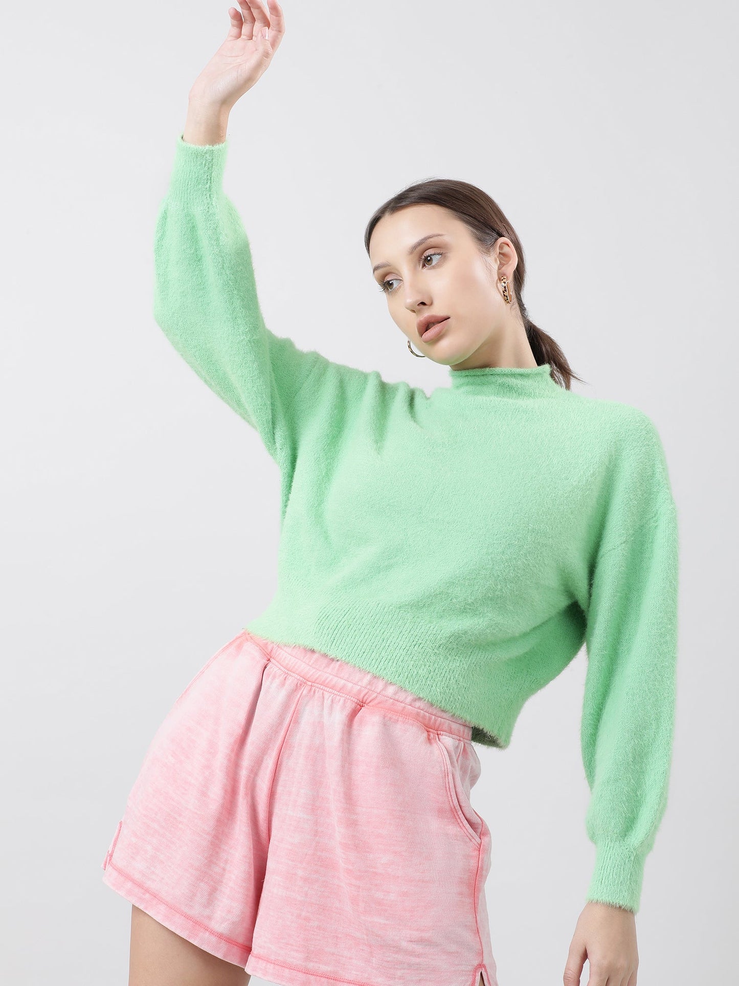 Women Slim Fit Green Geometric Sweater