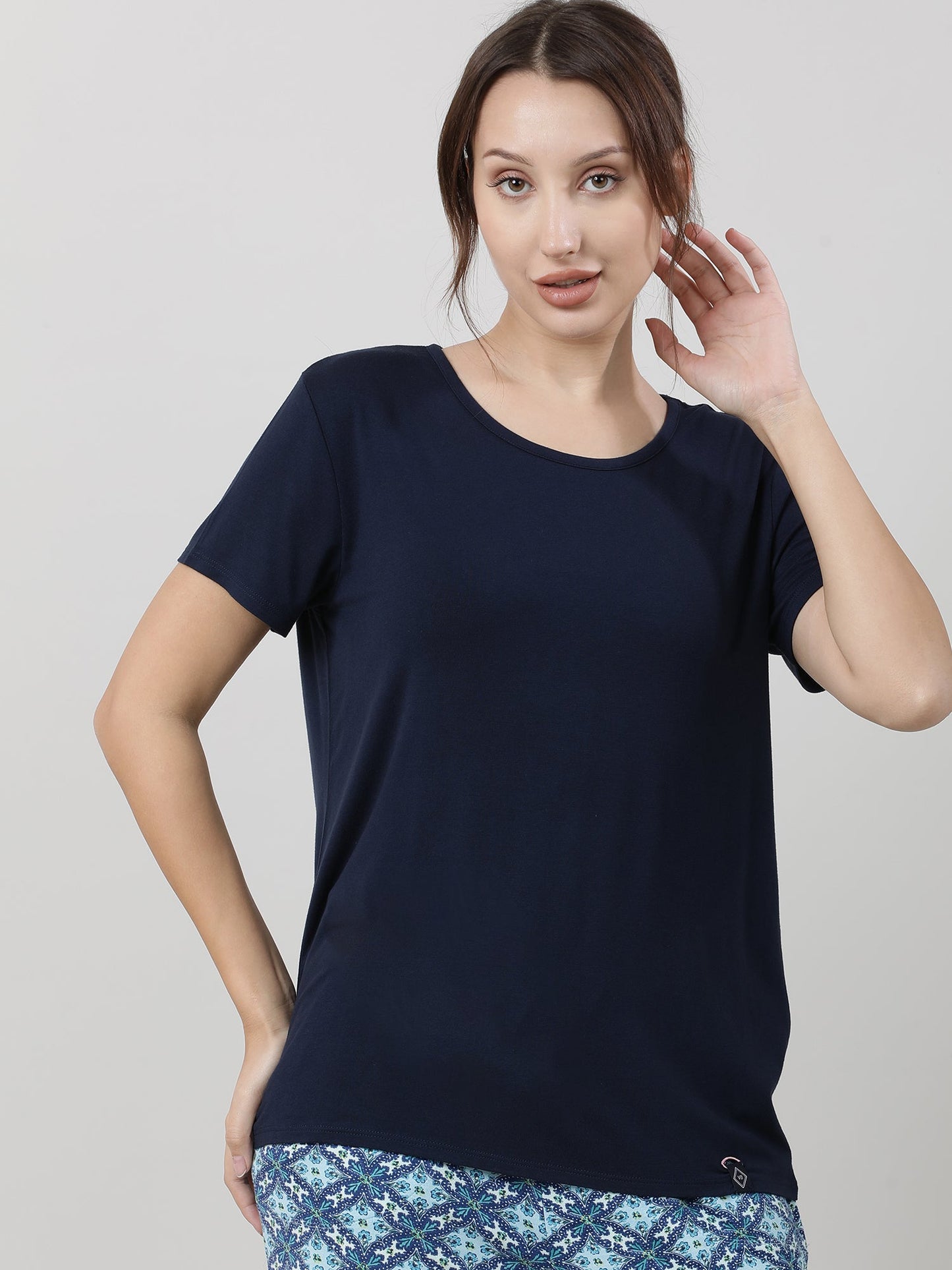 Women Navy Blue Short Sleeves T shirt