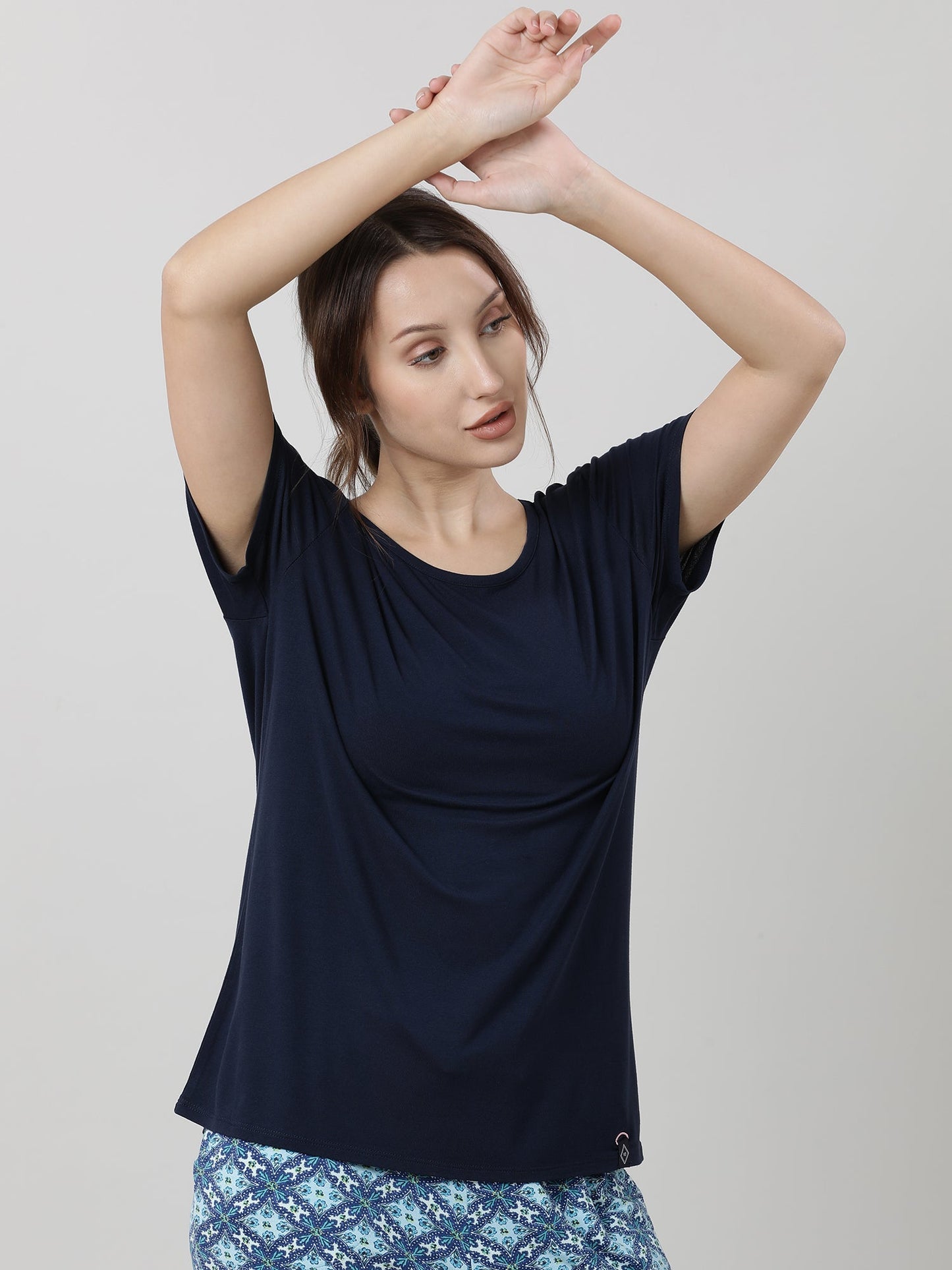 Women Navy Blue Short Sleeves T shirt
