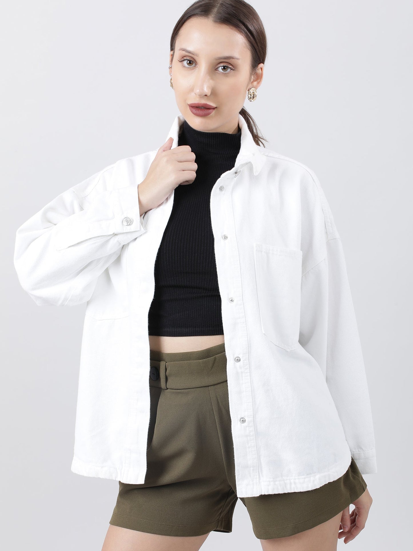 Women Regular Fit White Button Down Oversized Shirt