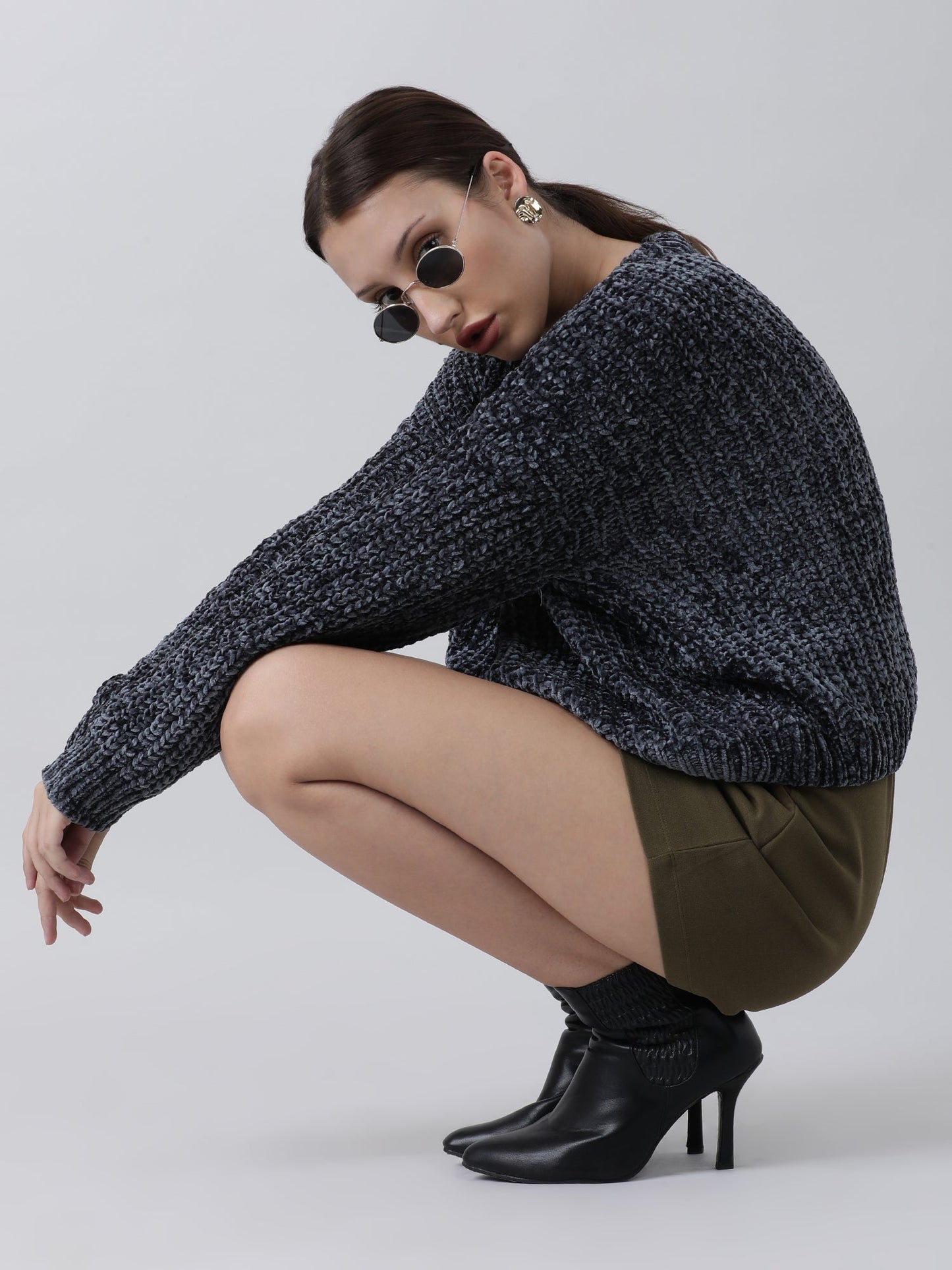 Women Regular Fit Dark Grey Knitted Sweater