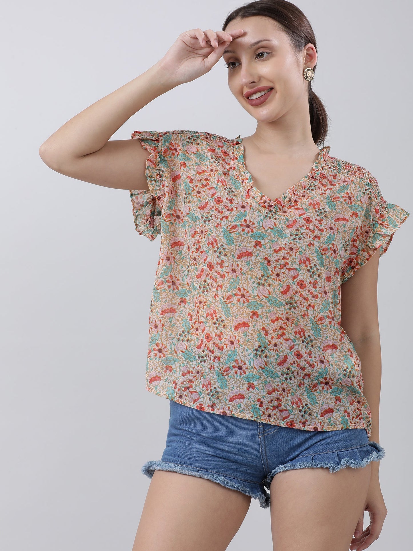 Women Regular Fit Orange Floral Frill Top