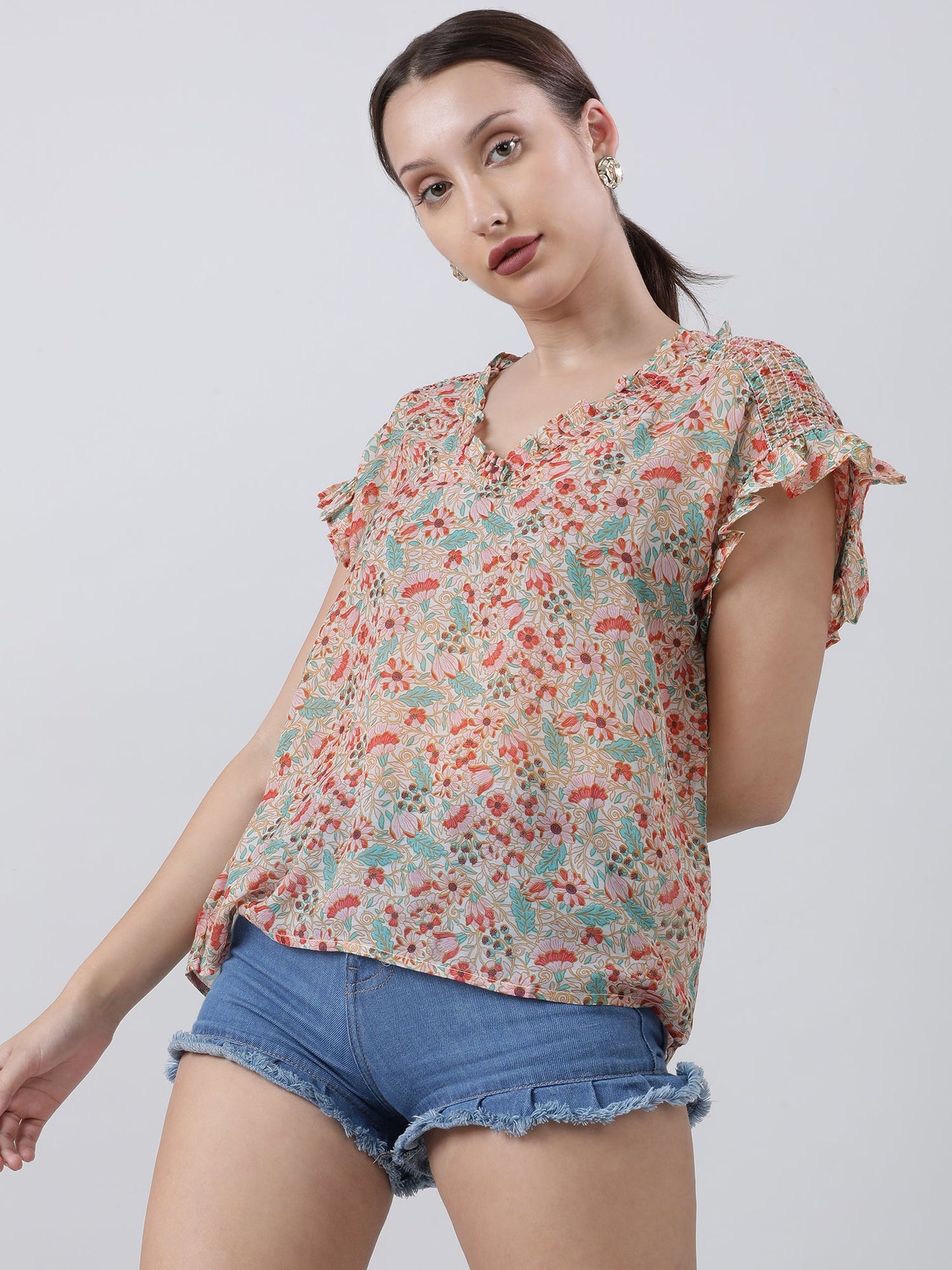 Women Regular Fit Orange Floral Frill Top