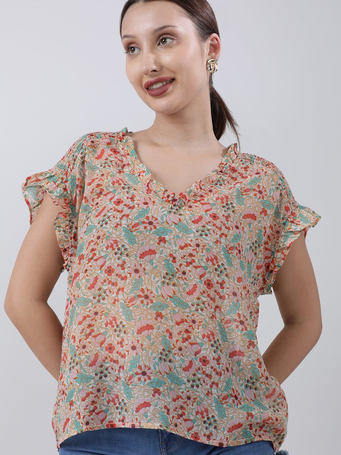 Women Regular Fit Orange Floral Frill Top