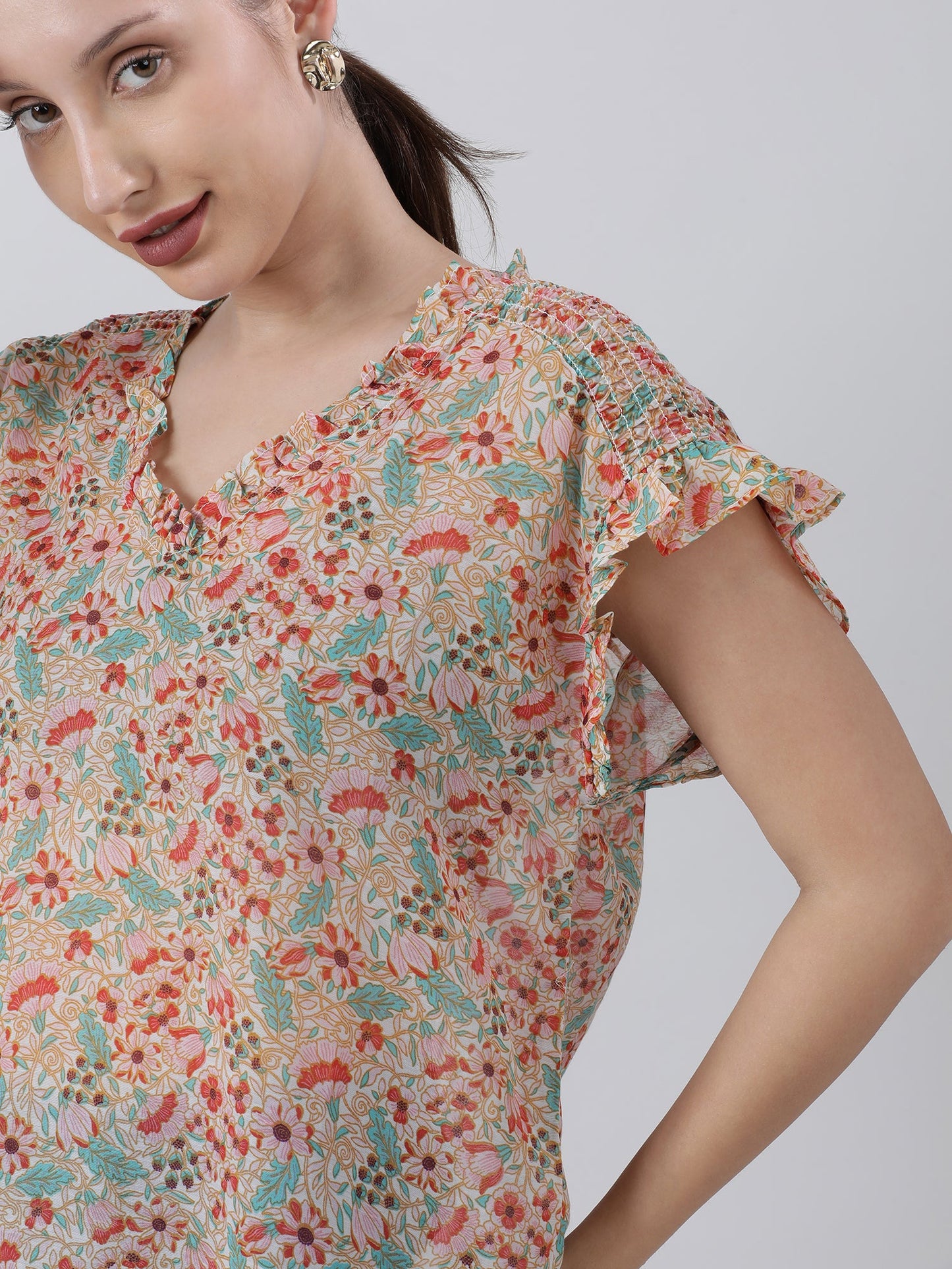 Women Regular Fit Orange Floral Frill Top