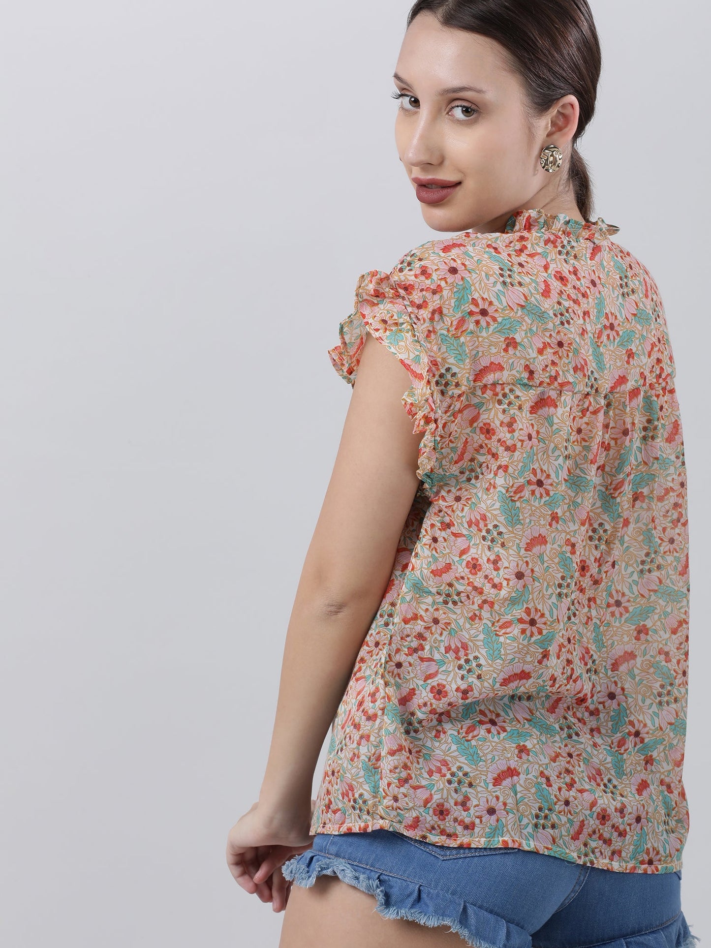 Women Regular Fit Orange Floral Frill Top