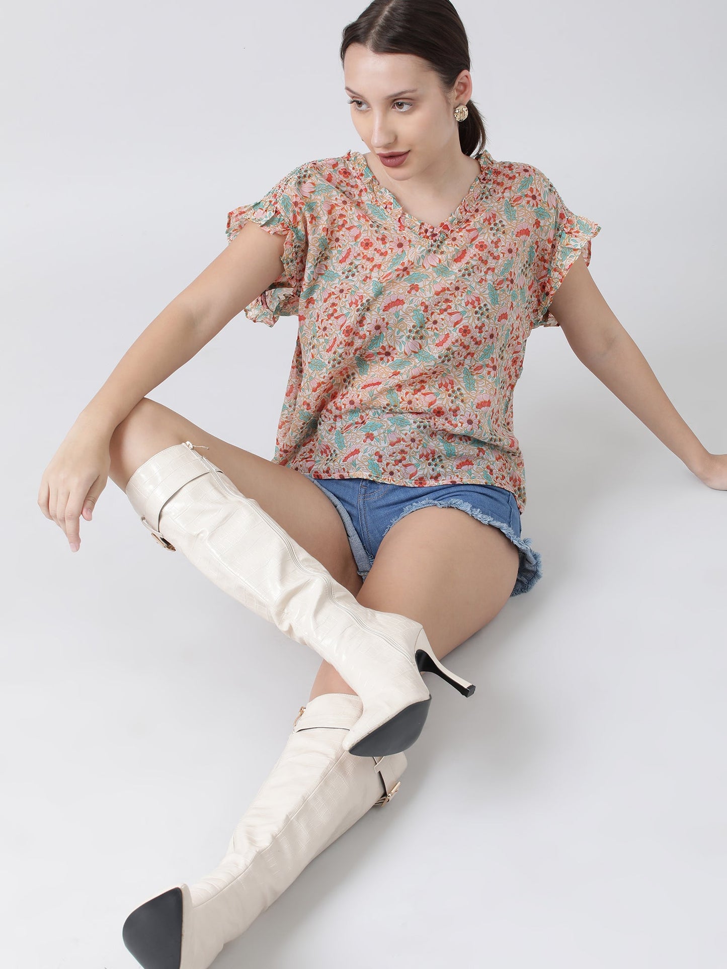 Women Regular Fit Orange Floral Frill Top